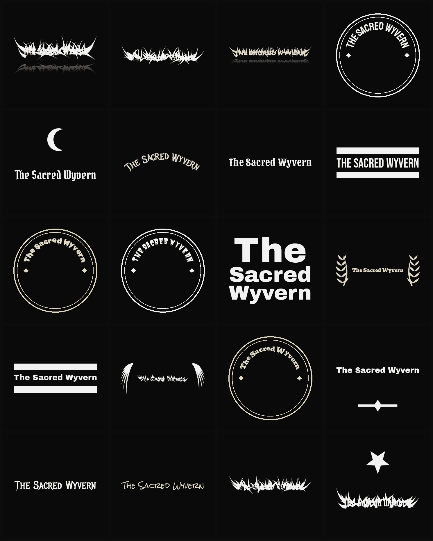 Twenty The Sacred Wyvern band logo ideas — different faces, treatments and spike settings