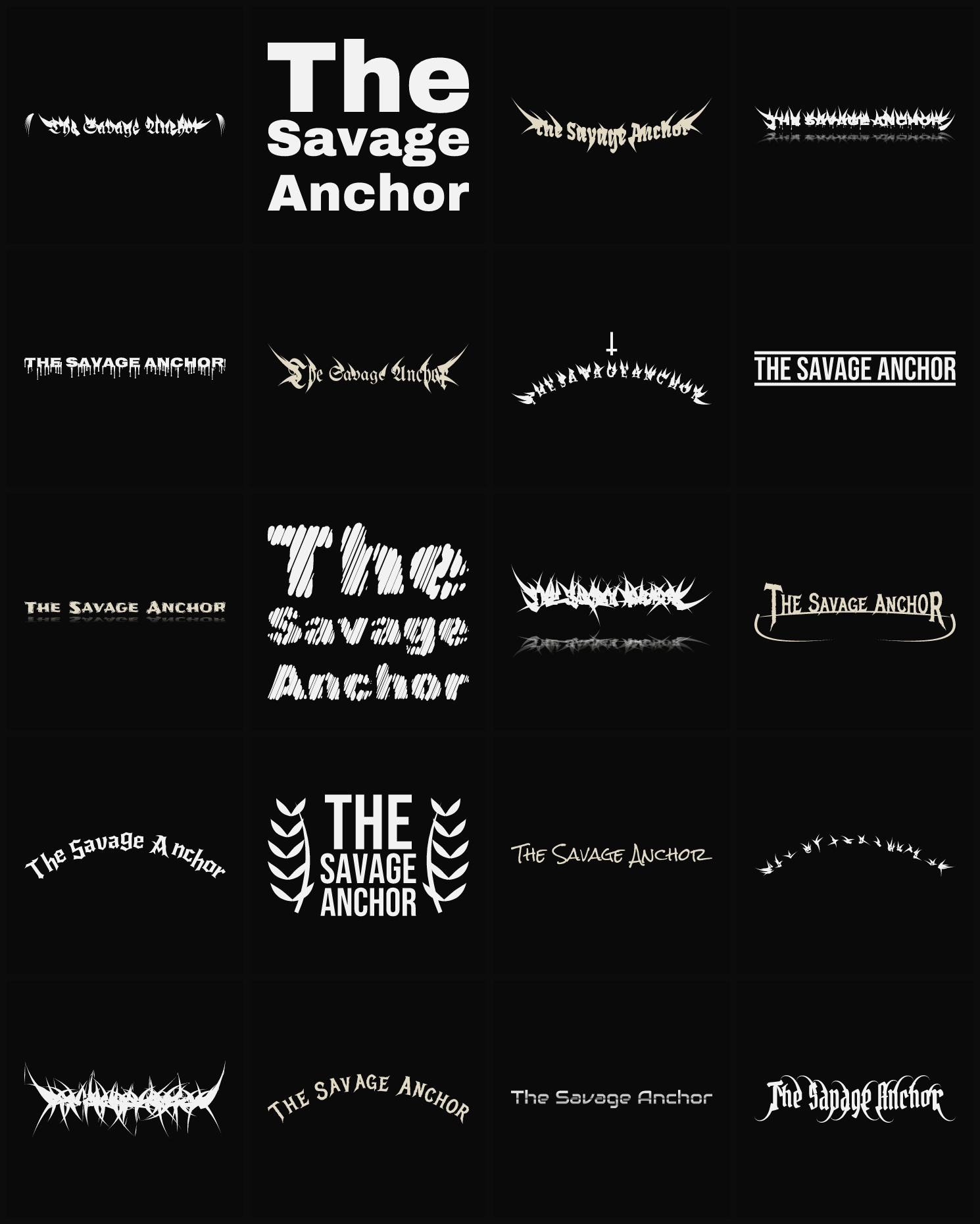 Twenty The Savage Anchor band logo ideas — different faces, treatments and spike settings