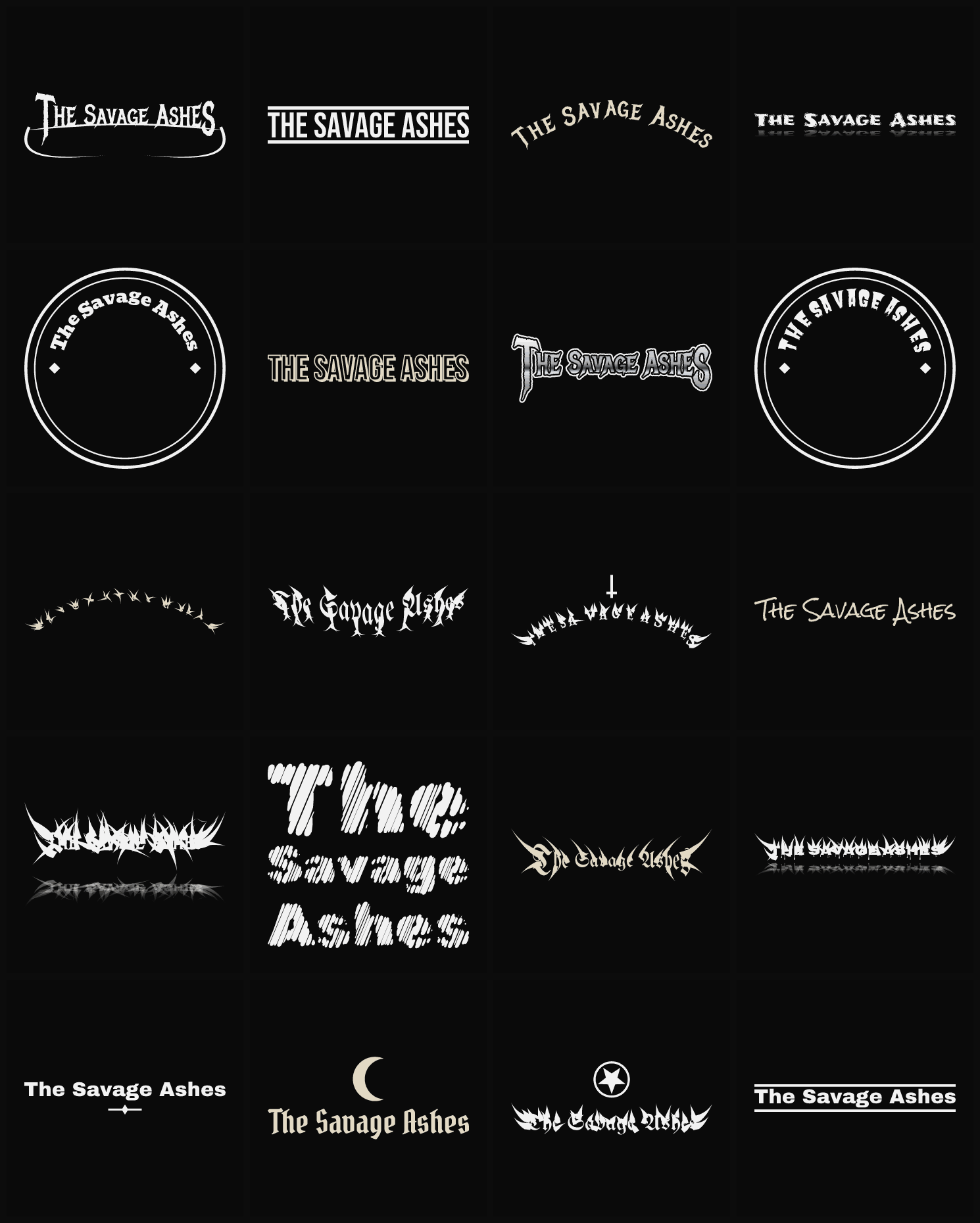 Twenty The Savage Ashes band logo ideas — different faces, treatments and spike settings