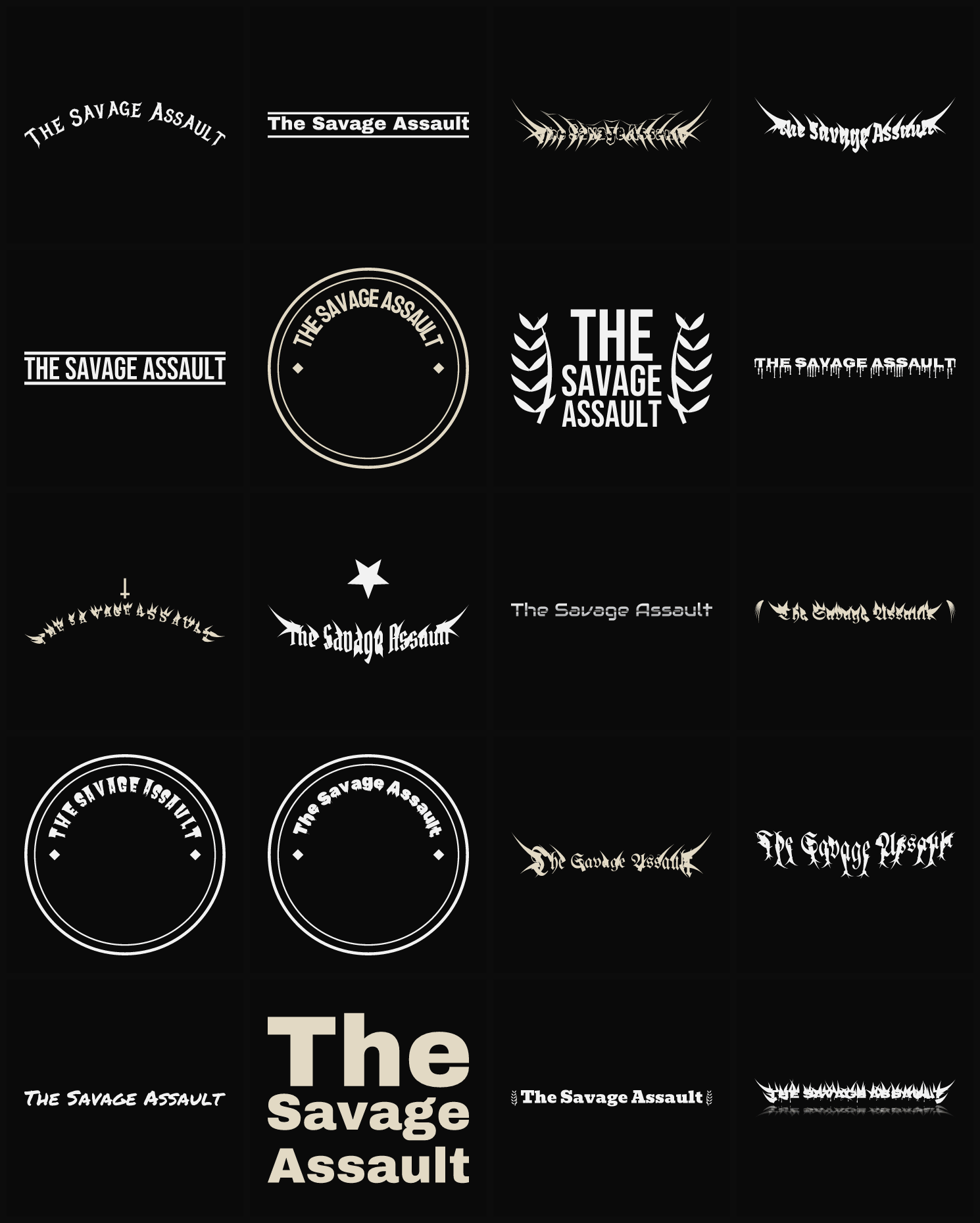 Twenty The Savage Assault band logo ideas — different faces, treatments and spike settings