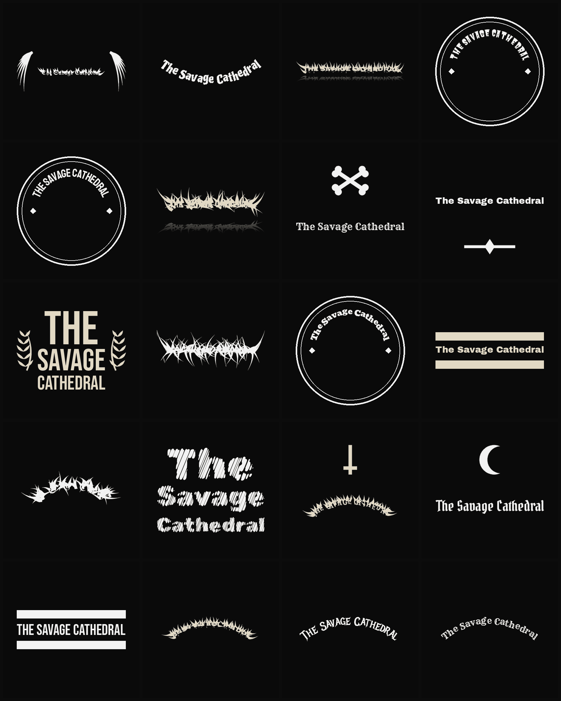 Twenty The Savage Cathedral band logo ideas — different faces, treatments and spike settings