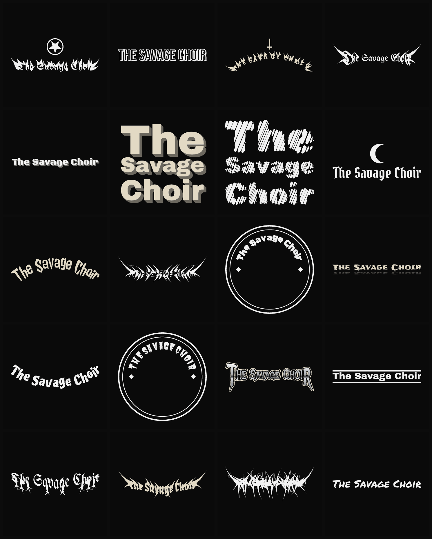 Twenty The Savage Choir band logo ideas — different faces, treatments and spike settings