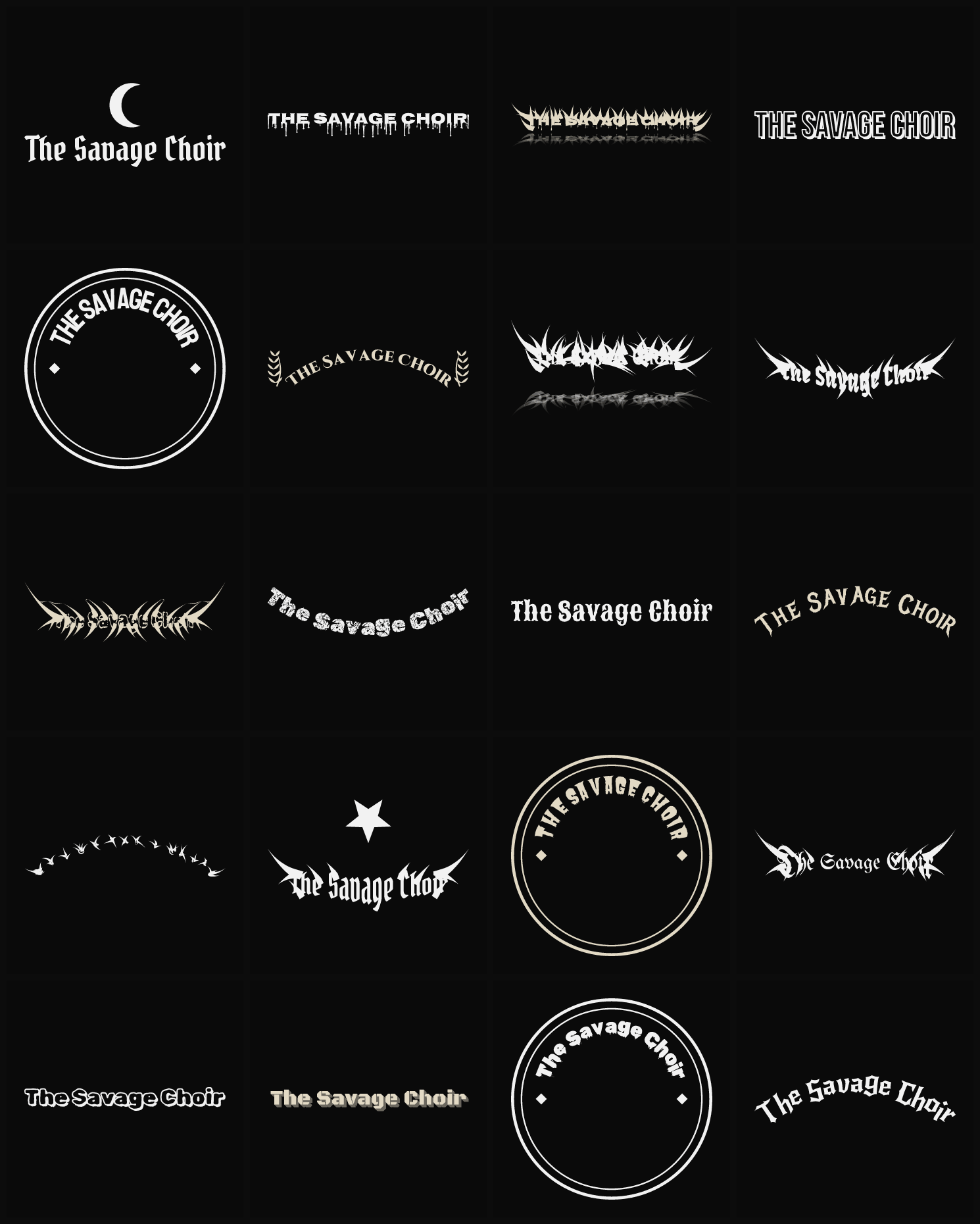 Twenty The Savage Choir band logo ideas — different faces, treatments and spike settings
