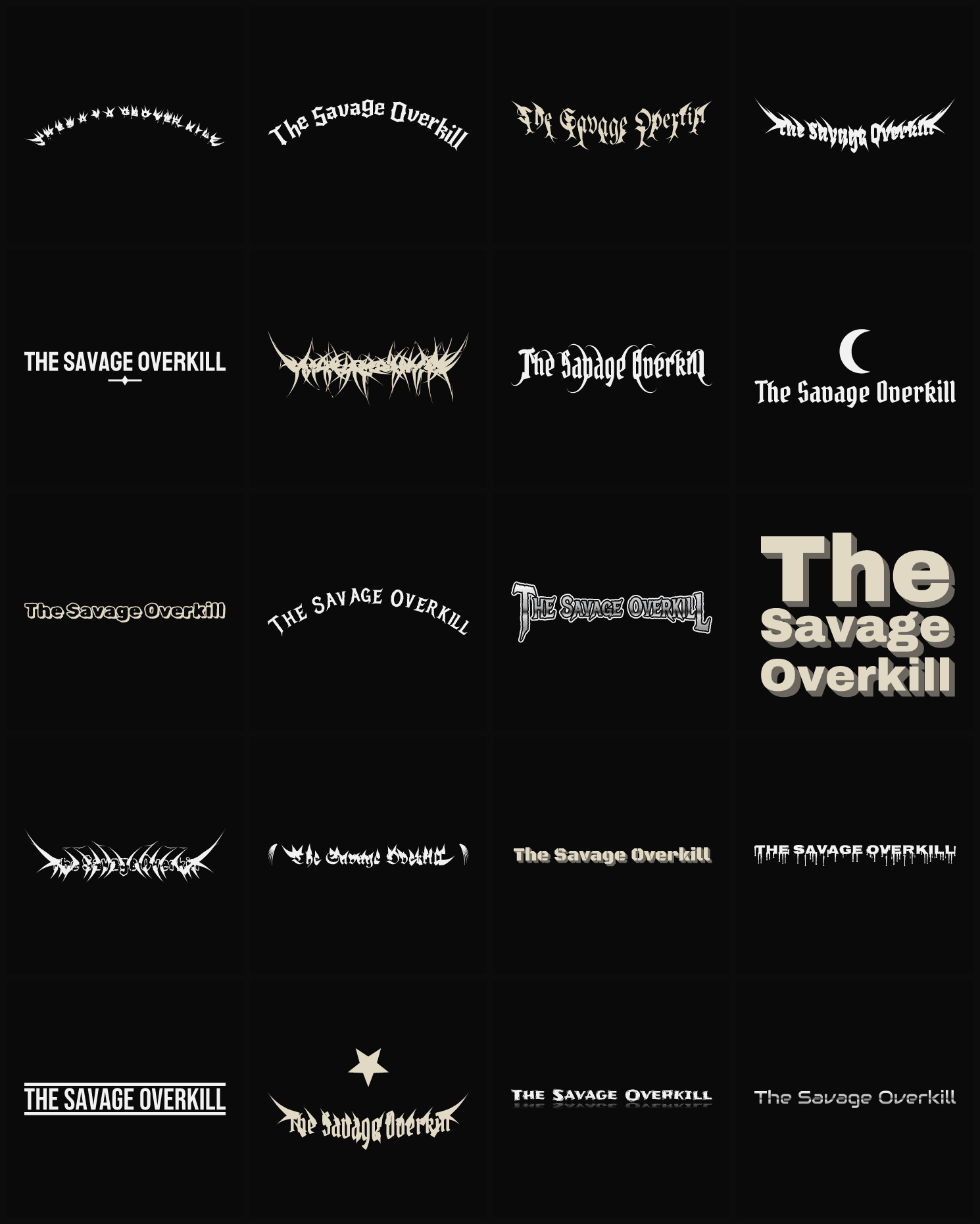 Twenty The Savage Overkill band logo ideas — different faces, treatments and spike settings