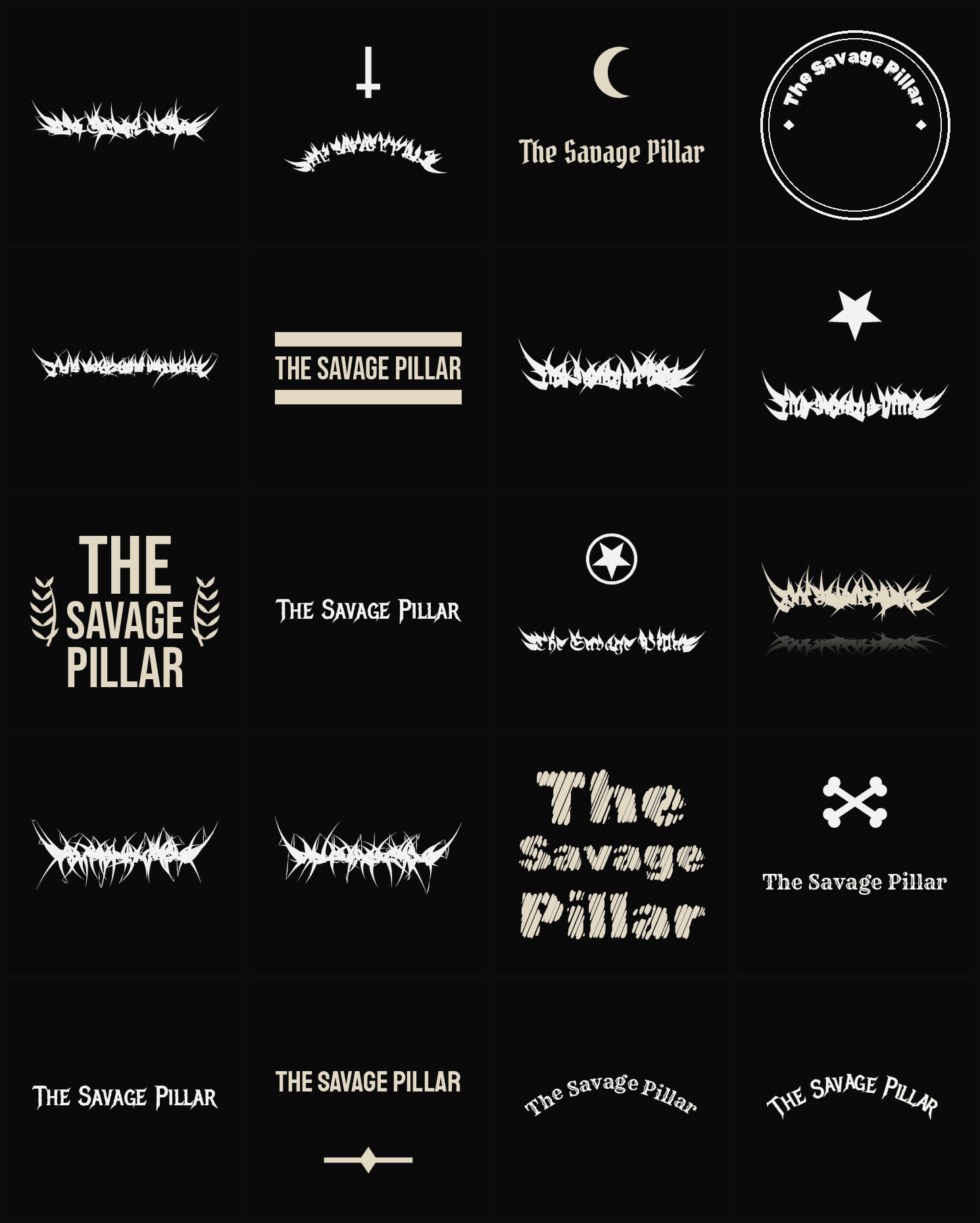 Twenty The Savage Pillar band logo ideas — different faces, treatments and spike settings
