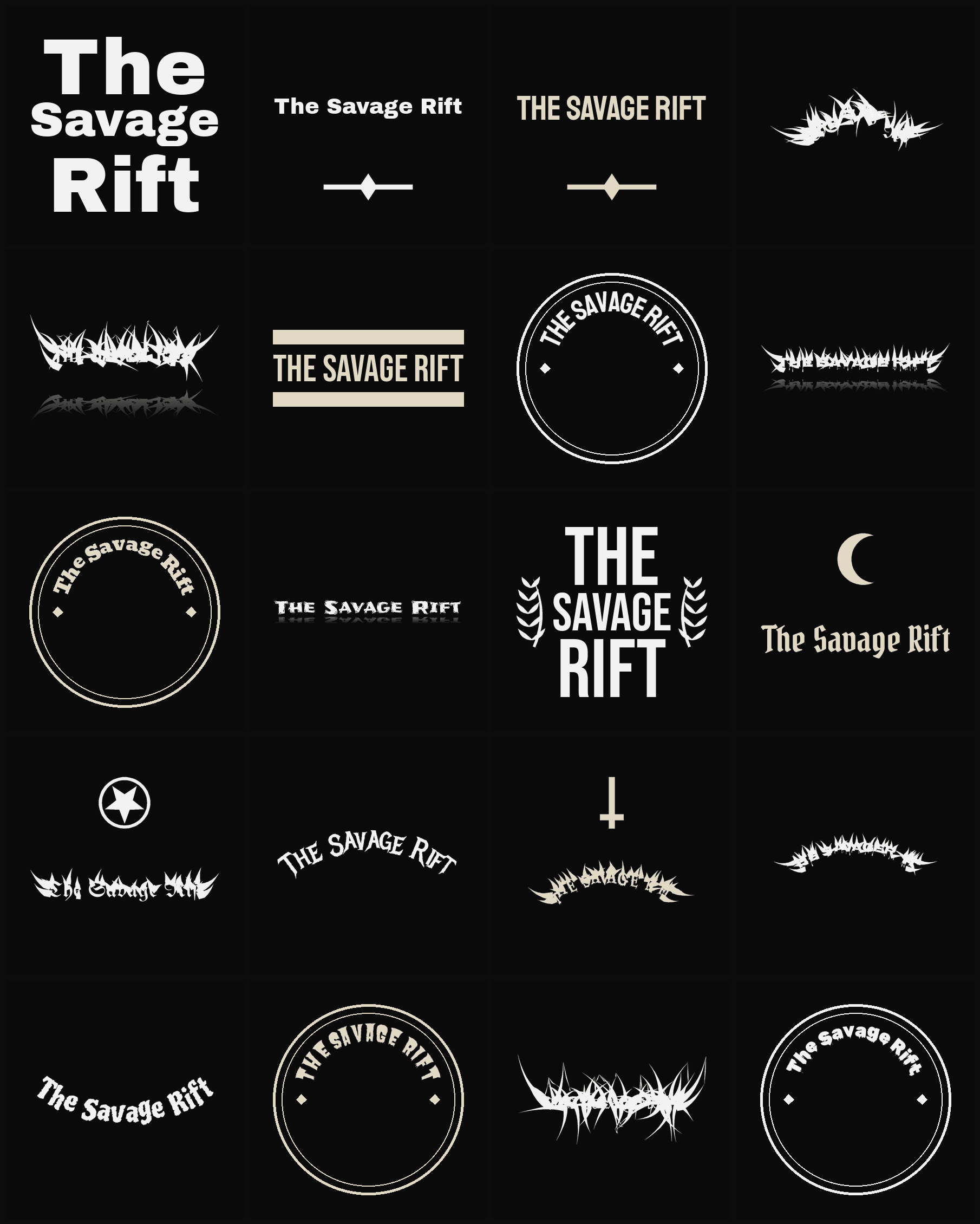 Twenty The Savage Rift band logo ideas — different faces, treatments and spike settings