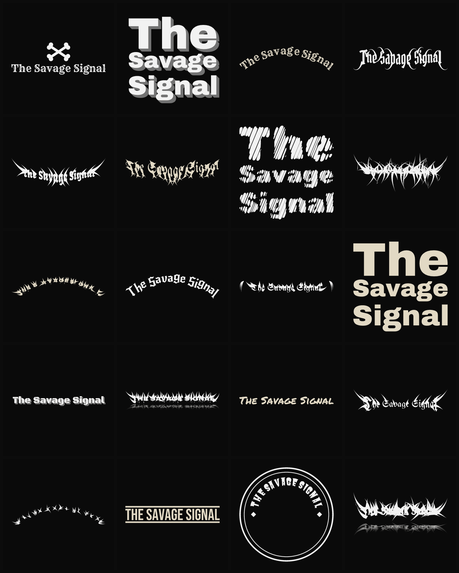 Twenty The Savage Signal band logo ideas — different faces, treatments and spike settings
