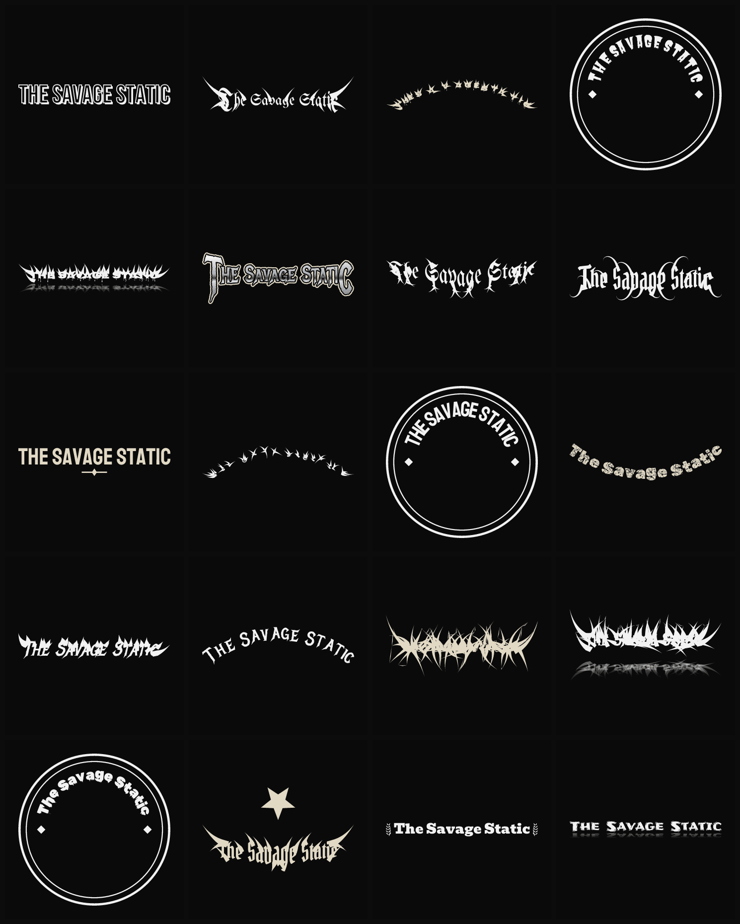 Twenty The Savage Static band logo ideas — different faces, treatments and spike settings