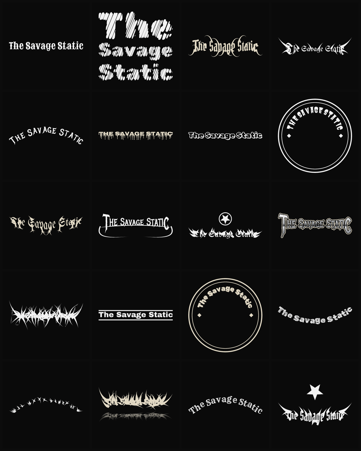 Twenty The Savage Static band logo ideas — different faces, treatments and spike settings