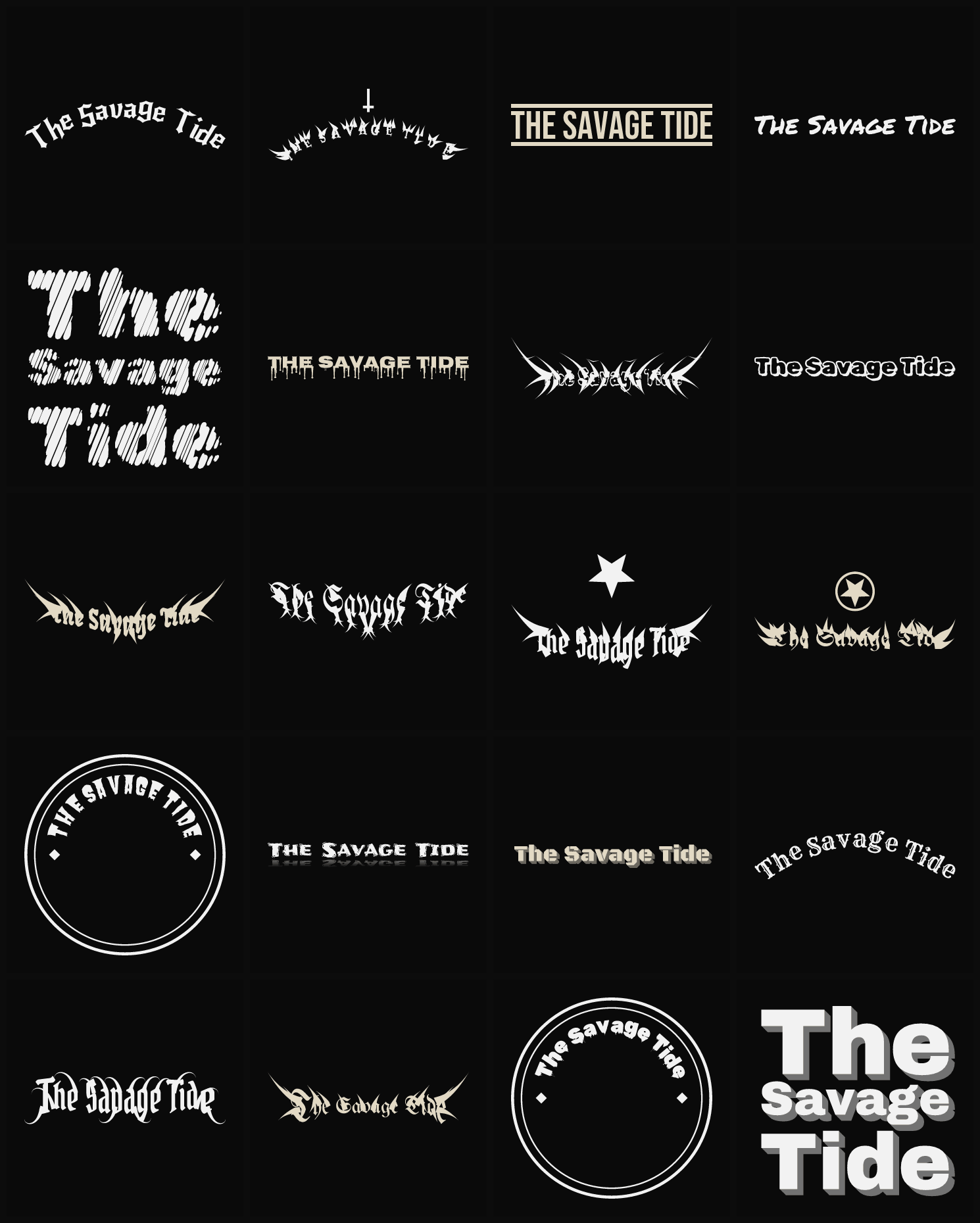 Twenty The Savage Tide band logo ideas — different faces, treatments and spike settings