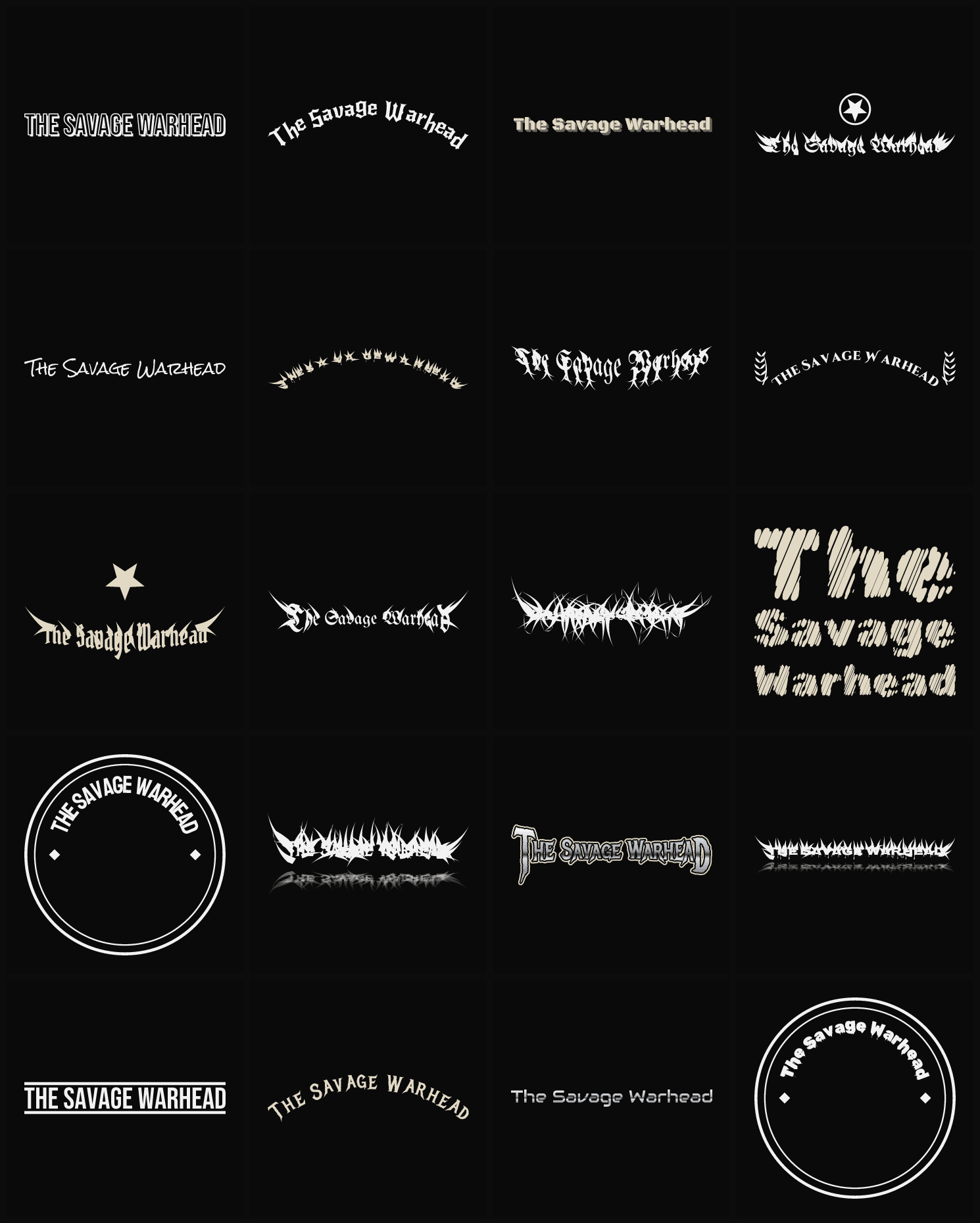 Twenty The Savage Warhead band logo ideas — different faces, treatments and spike settings