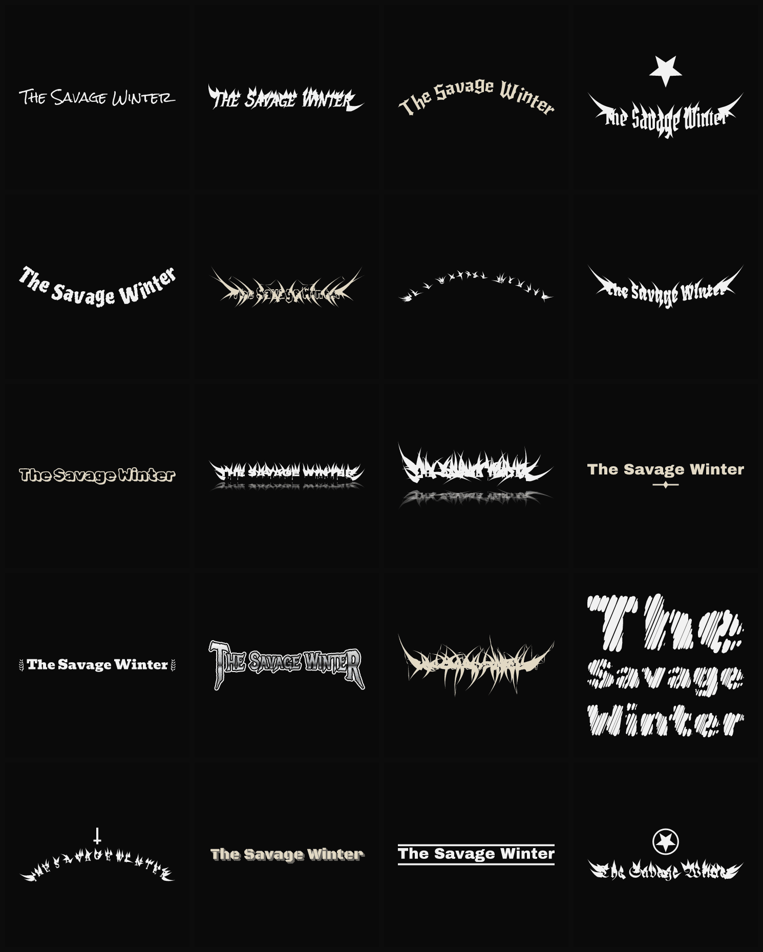 Twenty The Savage Winter band logo ideas — different faces, treatments and spike settings
