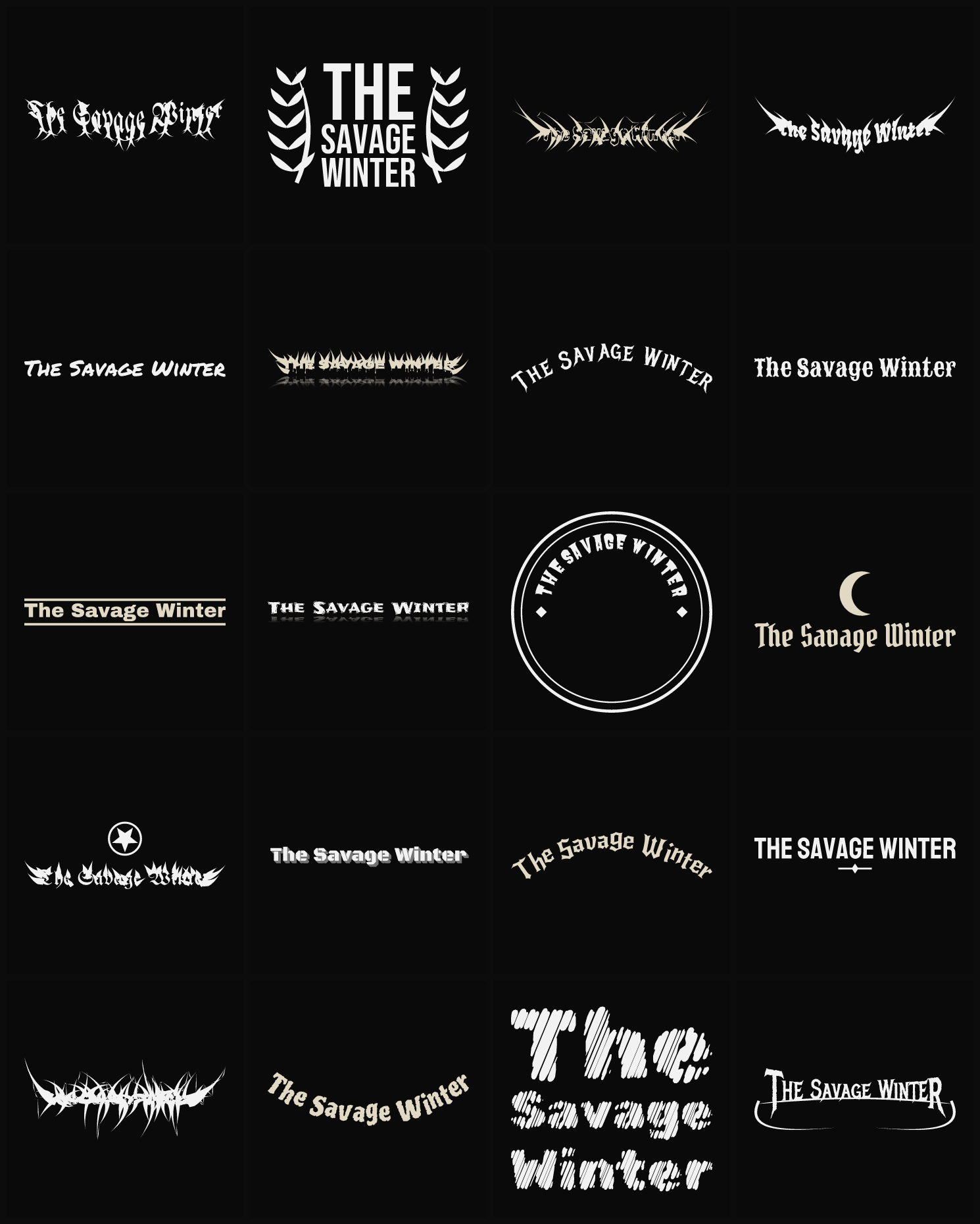 Twenty The Savage Winter band logo ideas — different faces, treatments and spike settings