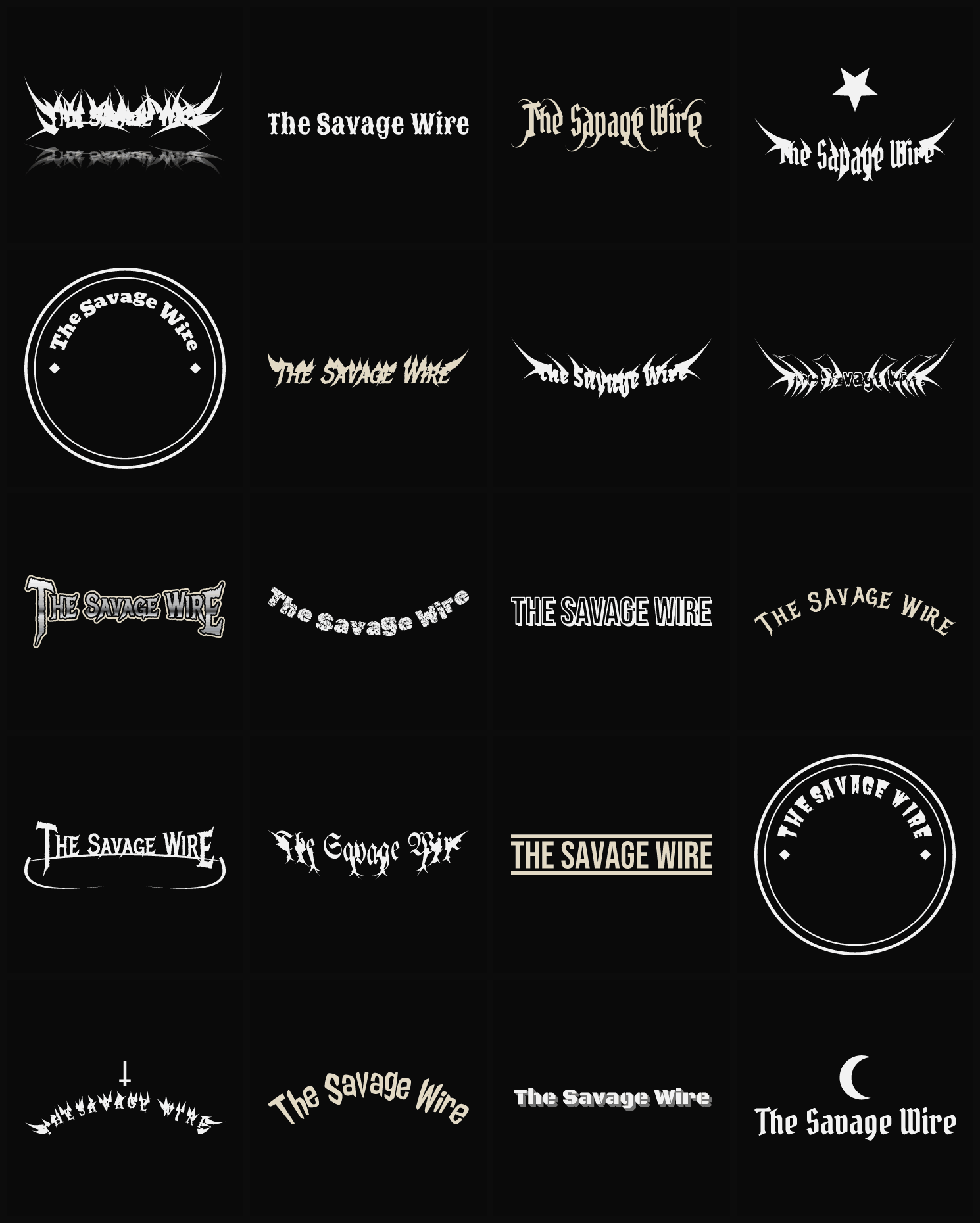 Twenty The Savage Wire band logo ideas — different faces, treatments and spike settings