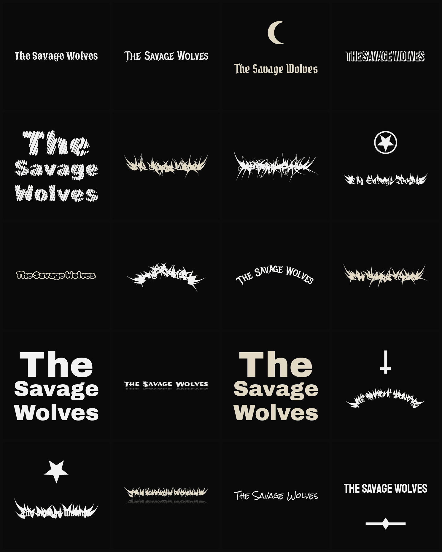 Twenty The Savage Wolves band logo ideas — different faces, treatments and spike settings