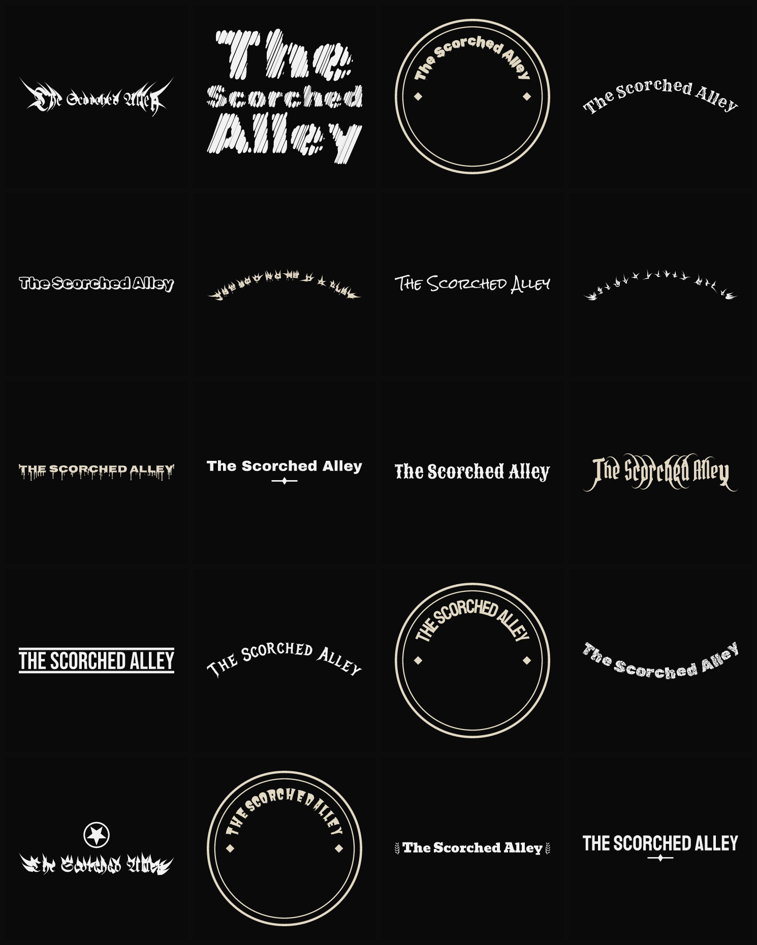 Twenty The Scorched Alley band logo ideas — different faces, treatments and spike settings