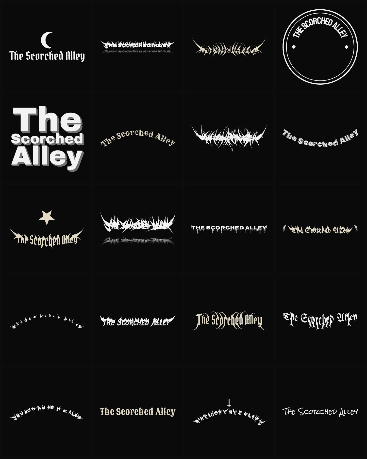 Twenty The Scorched Alley band logo ideas — different faces, treatments and spike settings