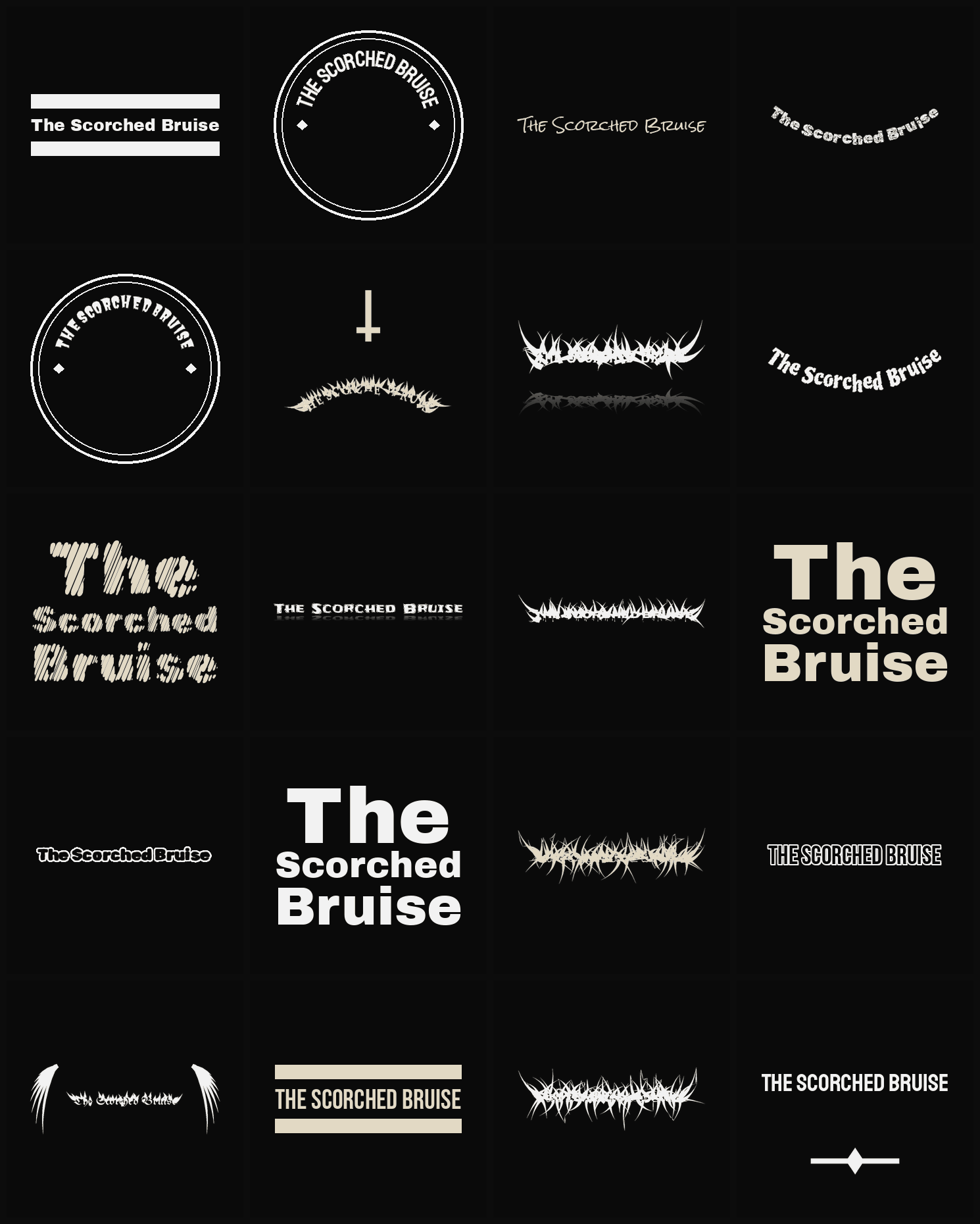 Twenty The Scorched Bruise band logo ideas — different faces, treatments and spike settings