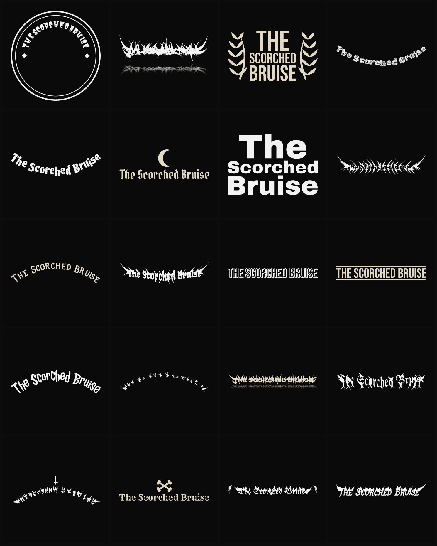 Twenty The Scorched Bruise band logo ideas — different faces, treatments and spike settings