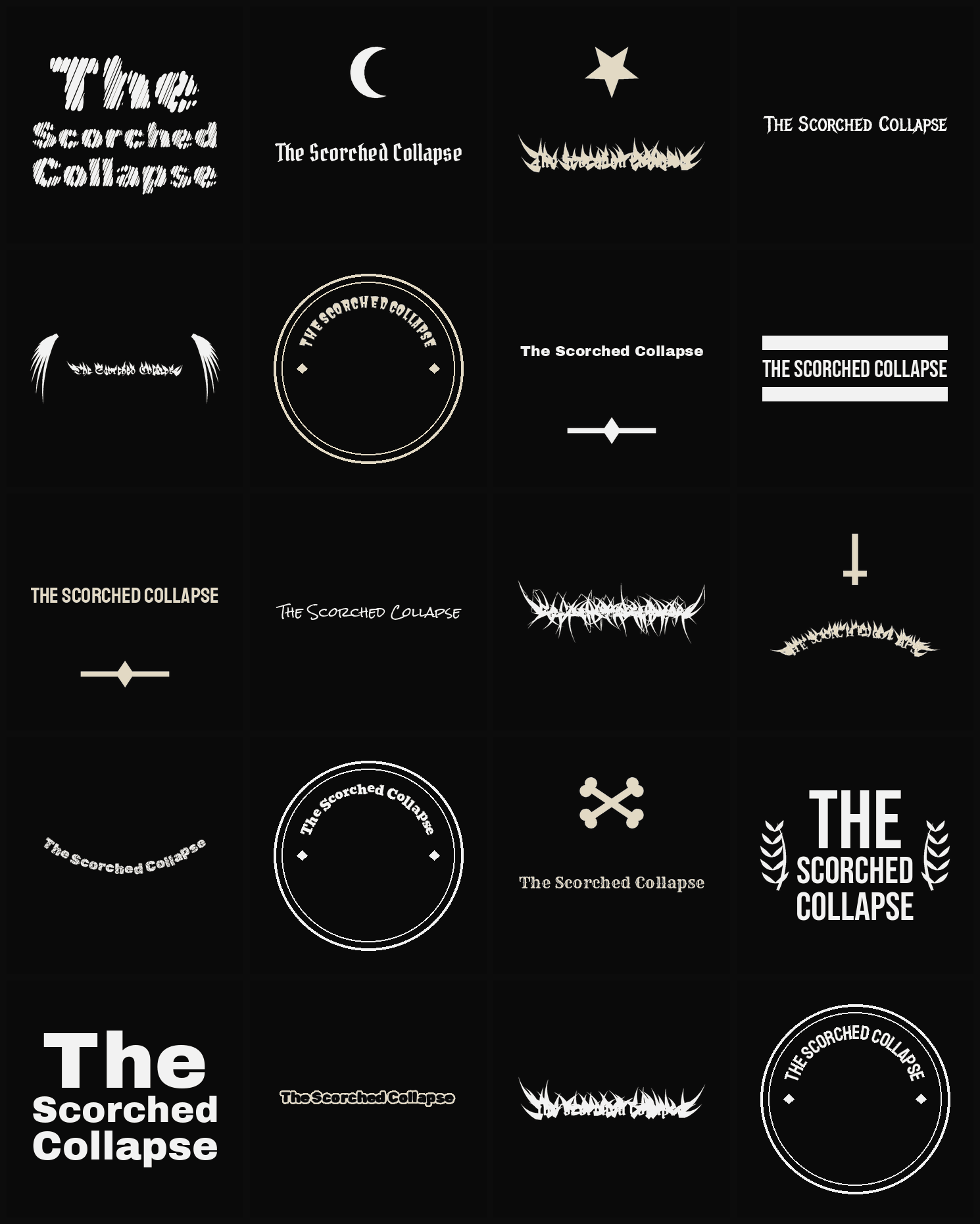 Twenty The Scorched Collapse band logo ideas — different faces, treatments and spike settings