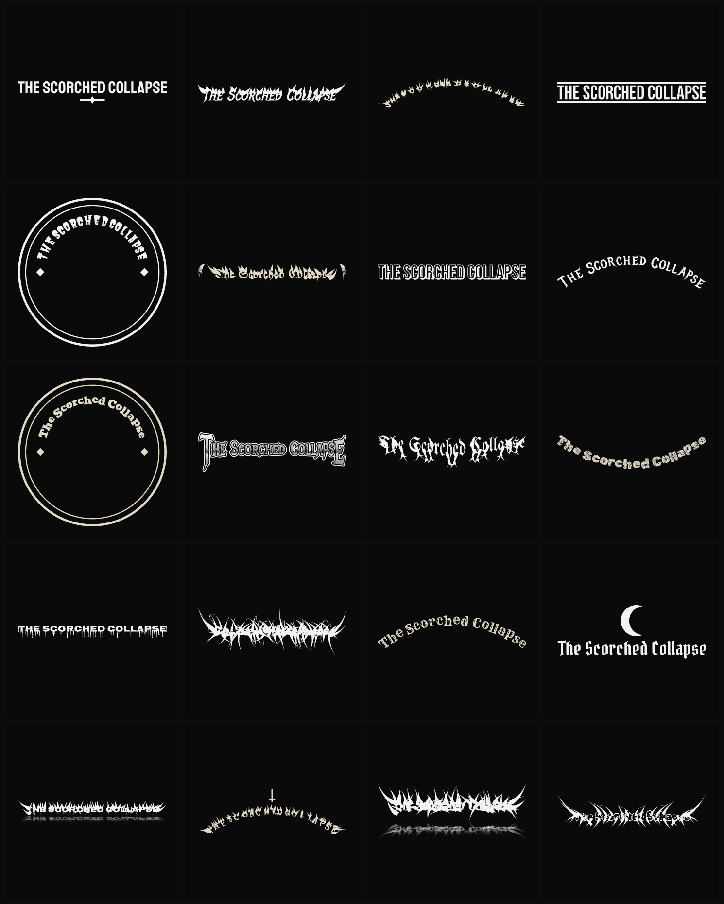 Twenty The Scorched Collapse band logo ideas — different faces, treatments and spike settings