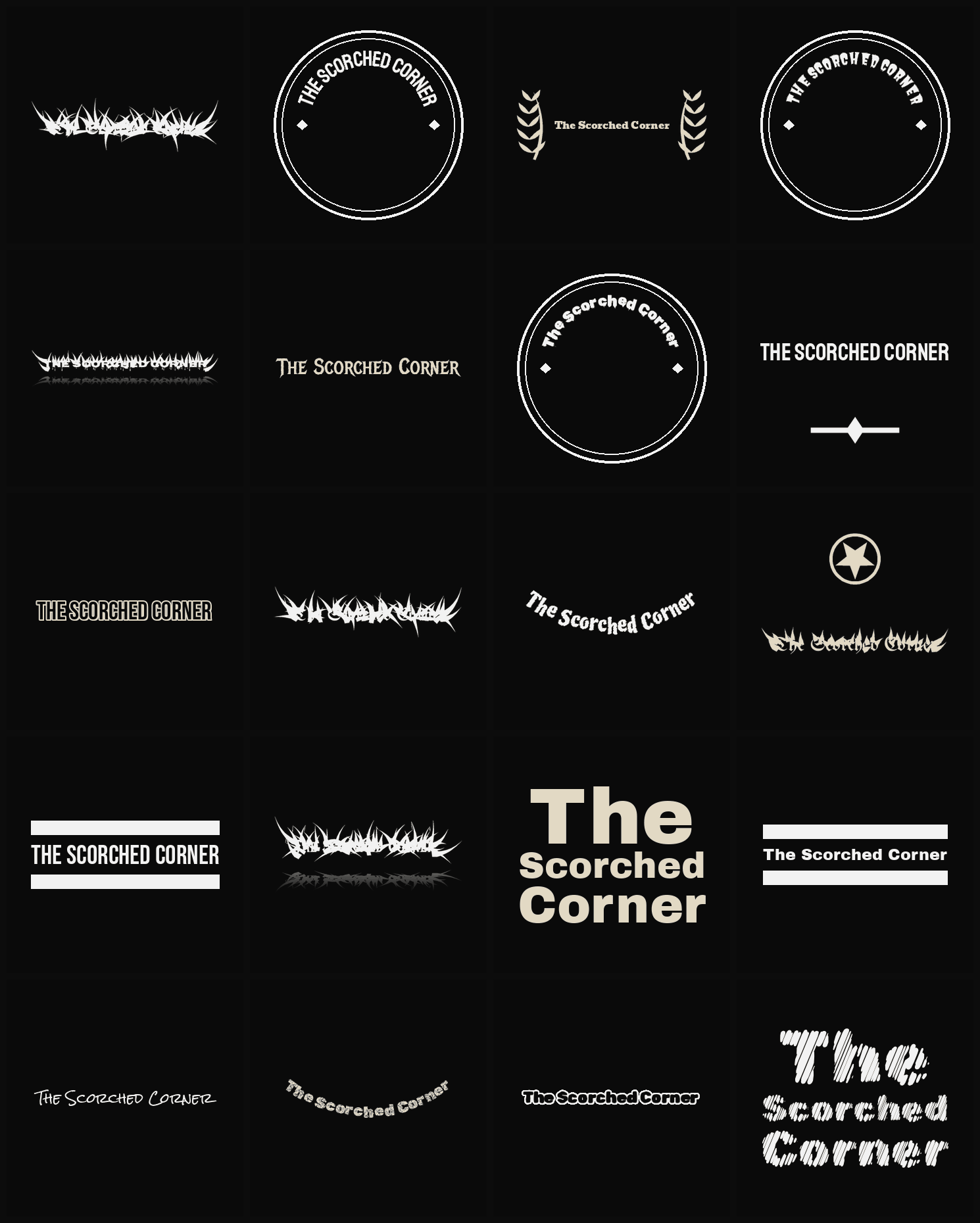 Twenty The Scorched Corner band logo ideas — different faces, treatments and spike settings