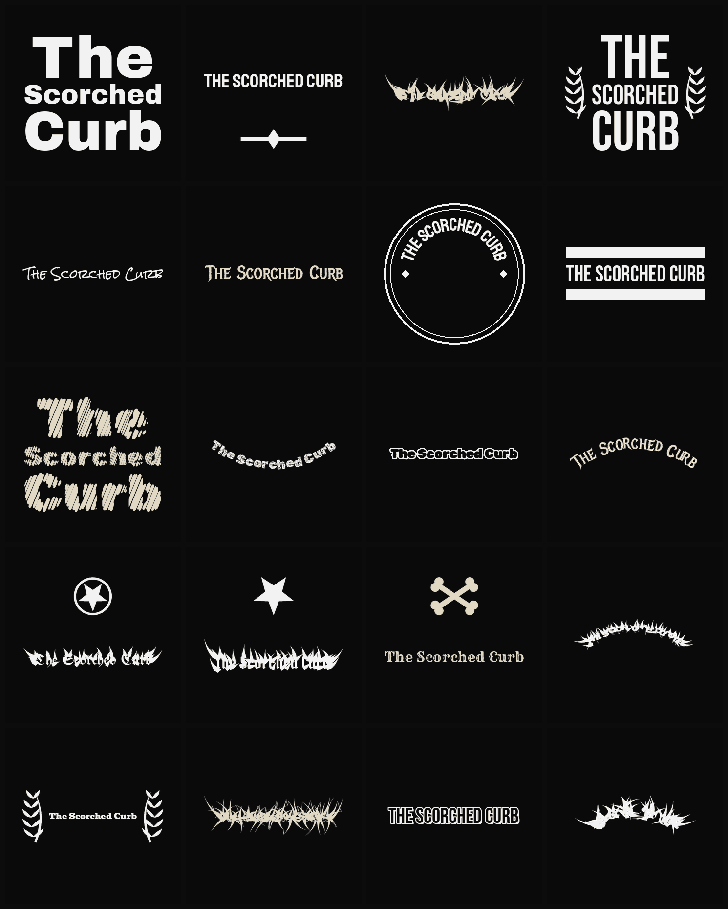 Twenty The Scorched Curb band logo ideas — different faces, treatments and spike settings