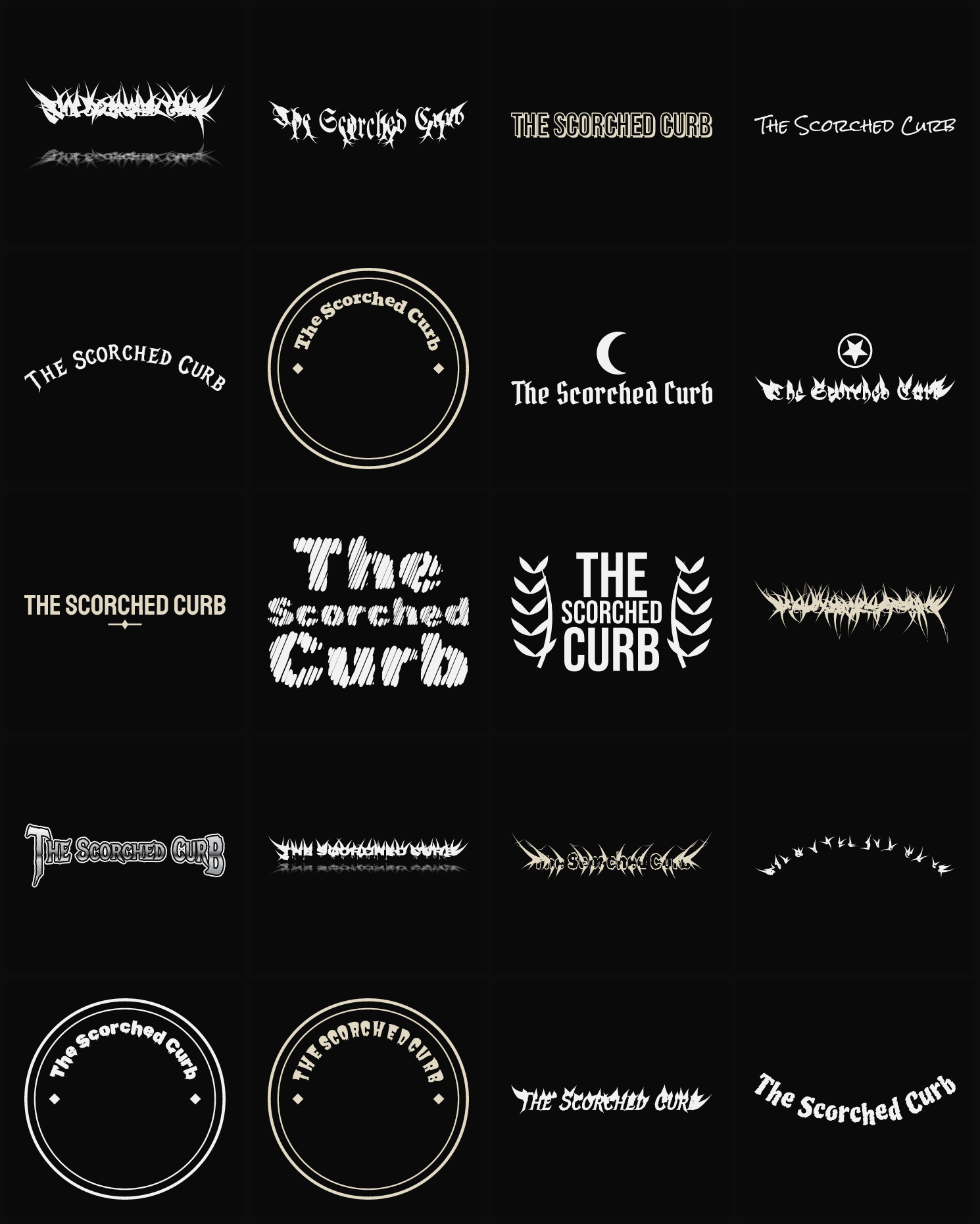 Twenty The Scorched Curb band logo ideas — different faces, treatments and spike settings