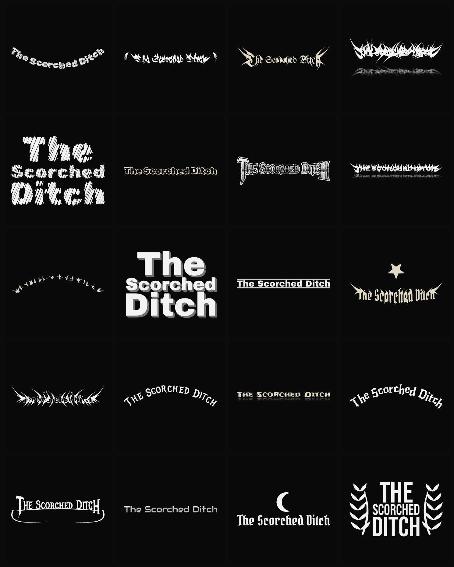 Twenty The Scorched Ditch band logo ideas — different faces, treatments and spike settings