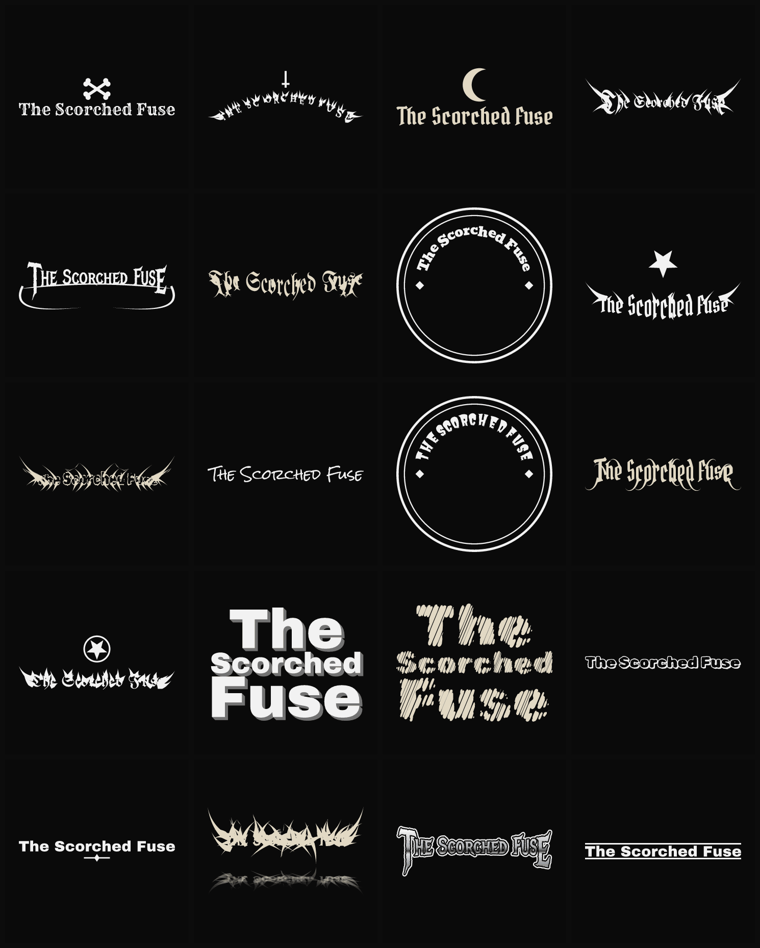Twenty The Scorched Fuse band logo ideas — different faces, treatments and spike settings