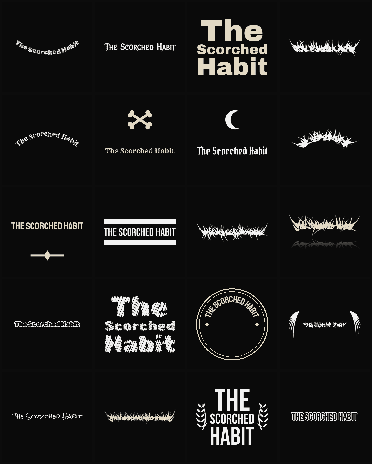 Twenty The Scorched Habit band logo ideas — different faces, treatments and spike settings