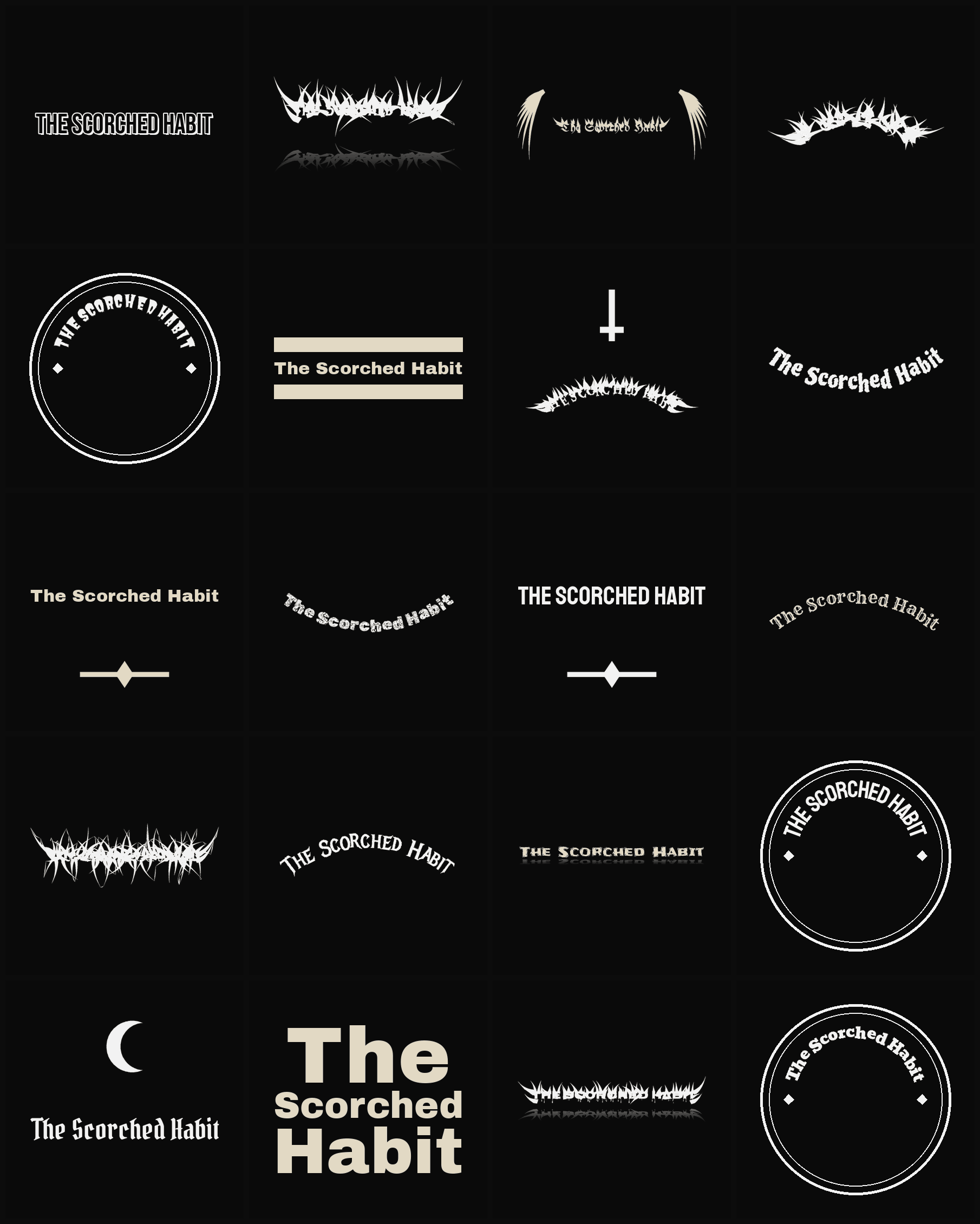 Twenty The Scorched Habit band logo ideas — different faces, treatments and spike settings