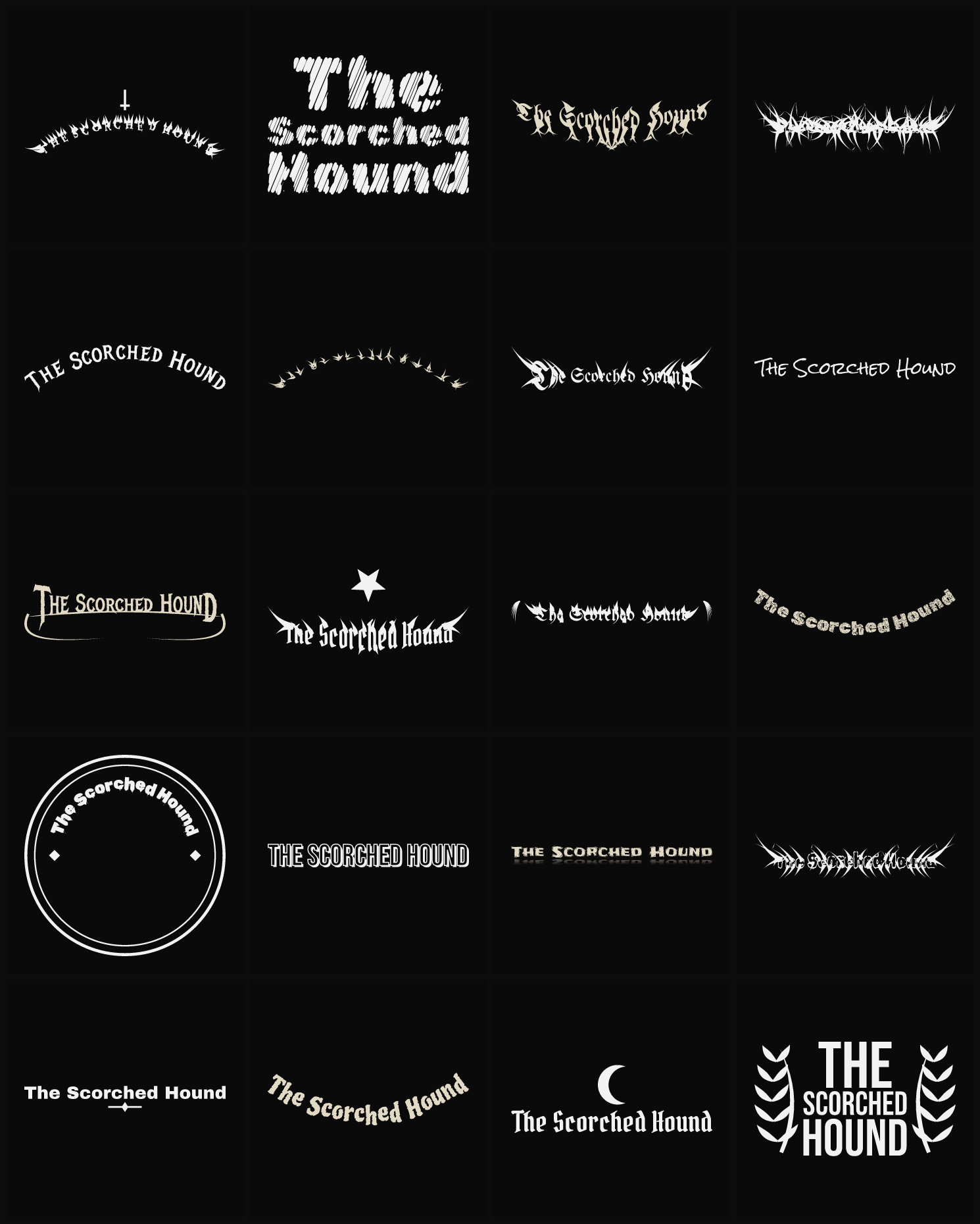 Twenty The Scorched Hound band logo ideas — different faces, treatments and spike settings