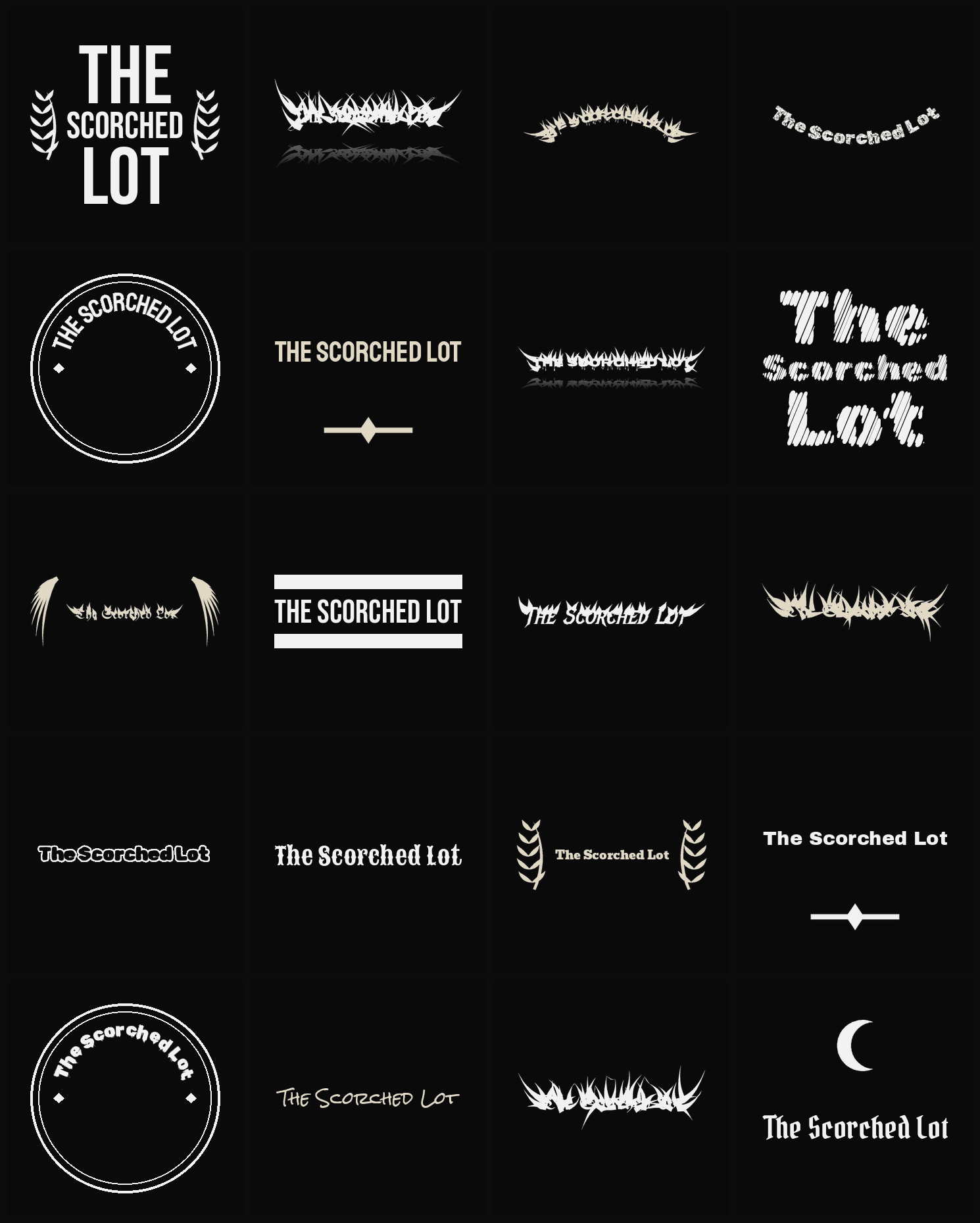 Twenty The Scorched Lot band logo ideas — different faces, treatments and spike settings