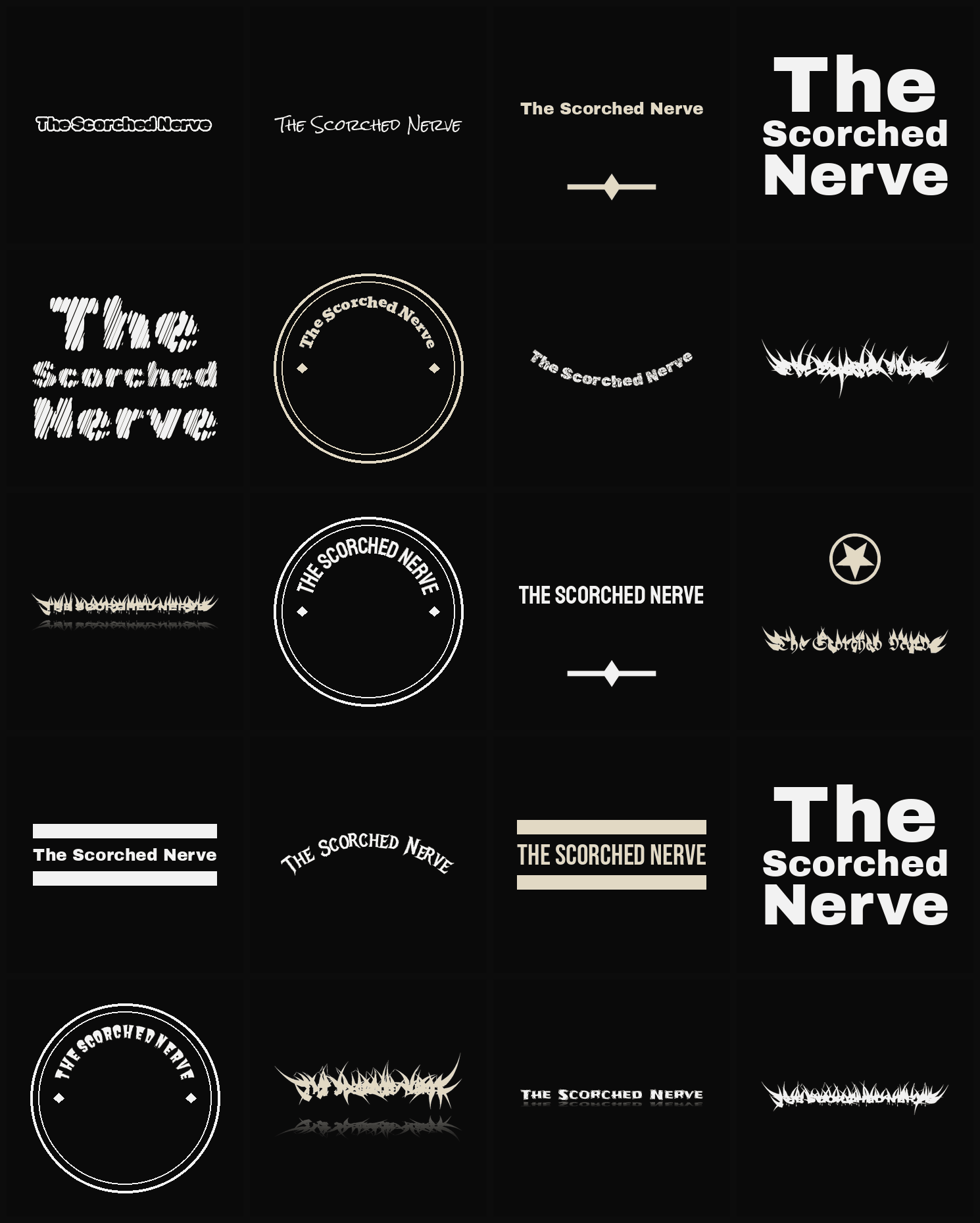 Twenty The Scorched Nerve band logo ideas — different faces, treatments and spike settings