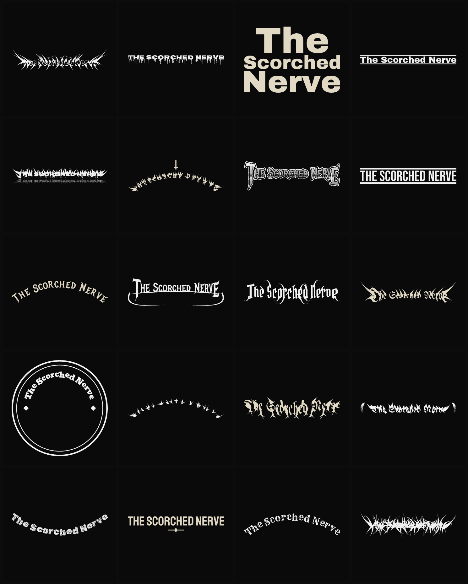 Twenty The Scorched Nerve band logo ideas — different faces, treatments and spike settings