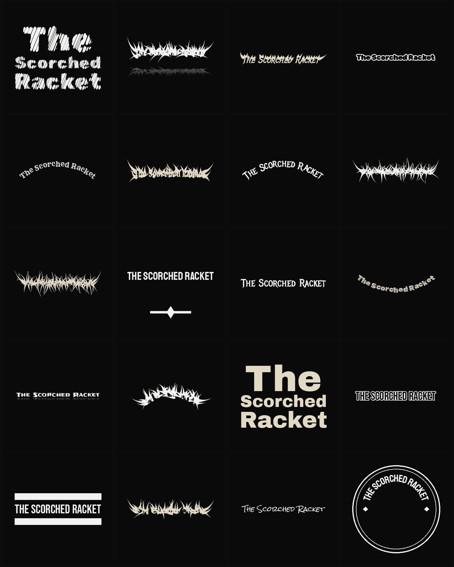 Twenty The Scorched Racket band logo ideas — different faces, treatments and spike settings
