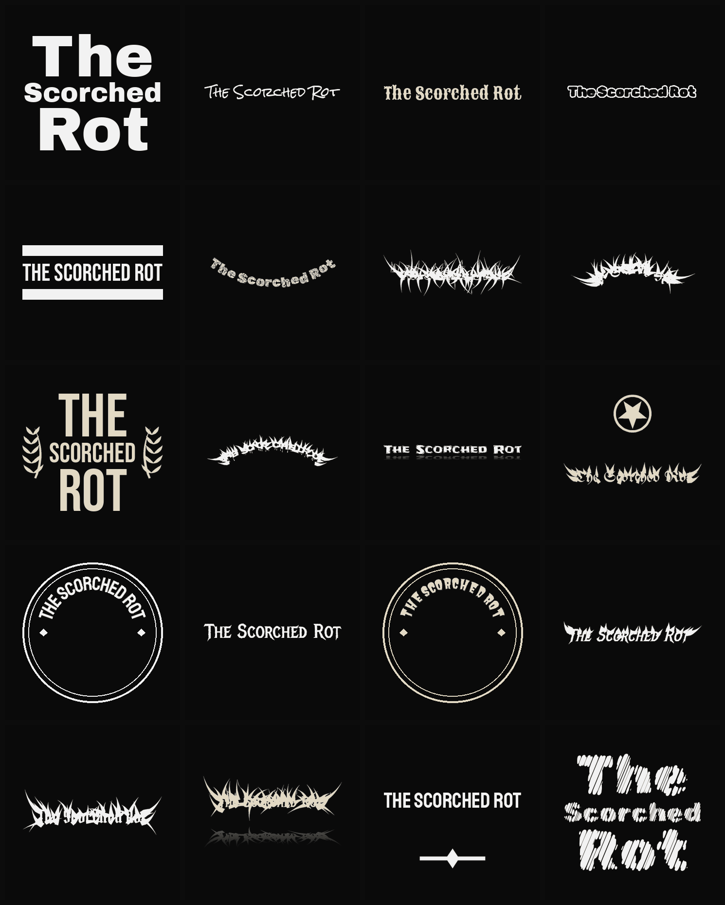 Twenty The Scorched Rot band logo ideas — different faces, treatments and spike settings