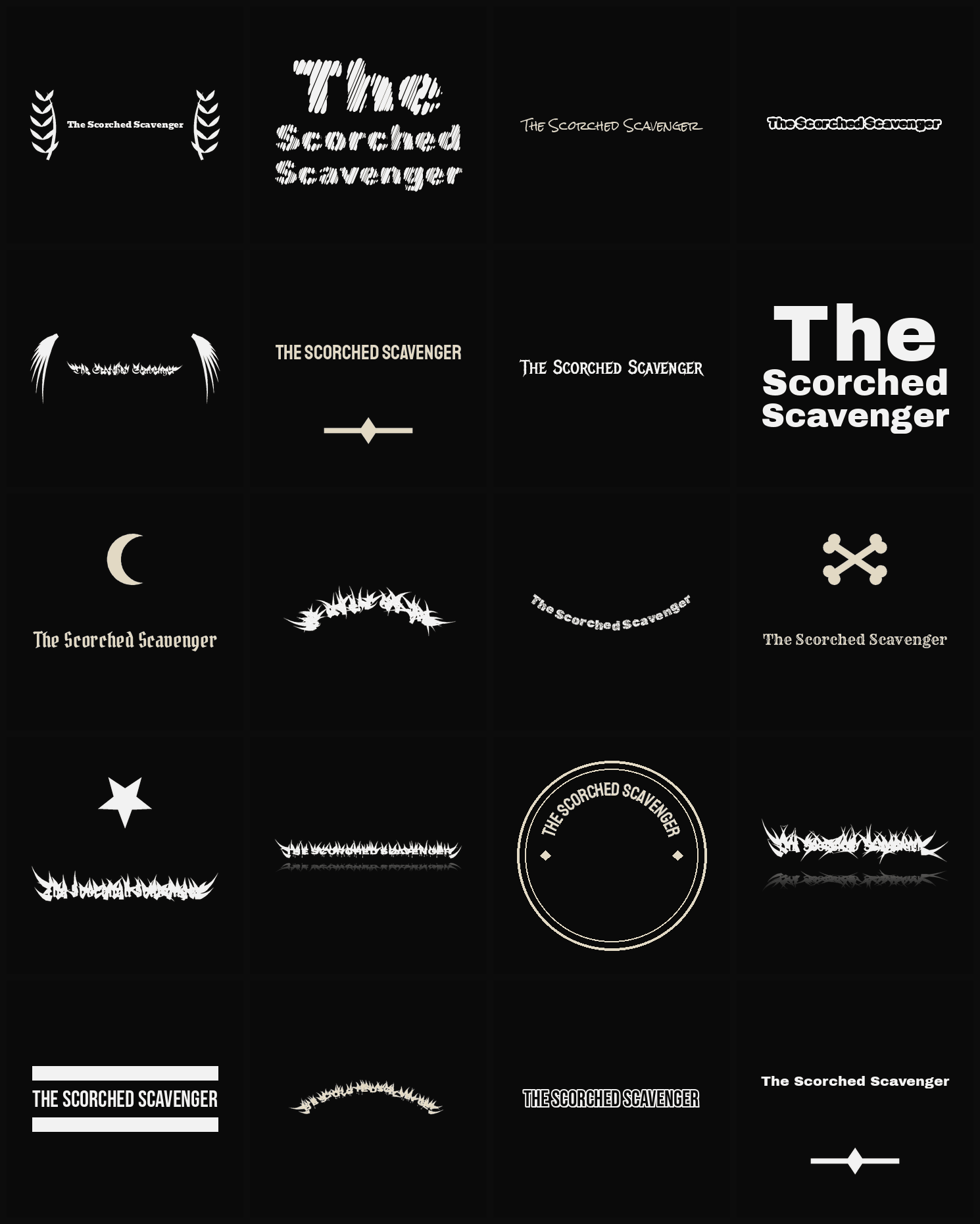 Twenty The Scorched Scavenger band logo ideas — different faces, treatments and spike settings