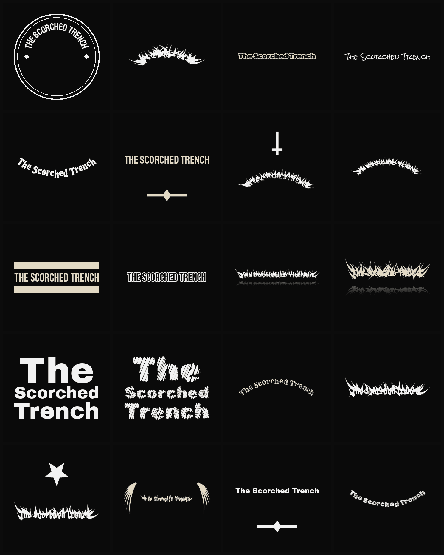 Twenty The Scorched Trench band logo ideas — different faces, treatments and spike settings