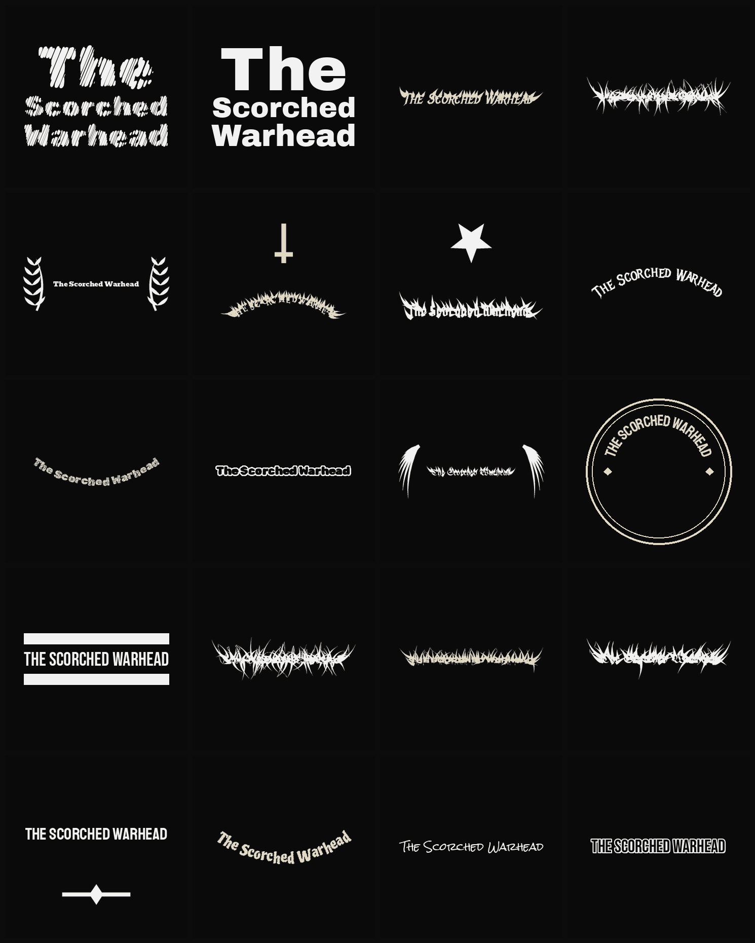 Twenty The Scorched Warhead band logo ideas — different faces, treatments and spike settings