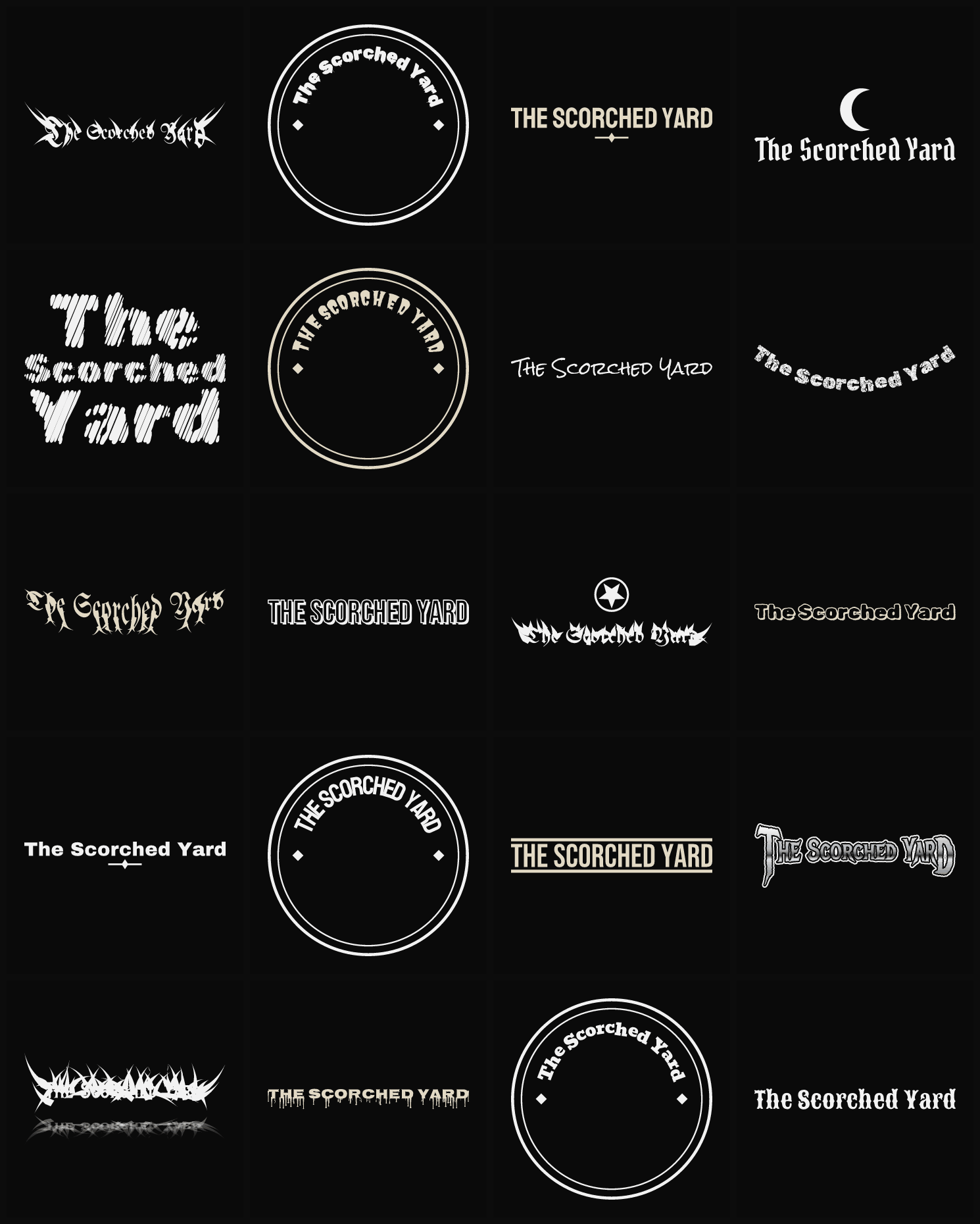 Twenty The Scorched Yard band logo ideas — different faces, treatments and spike settings