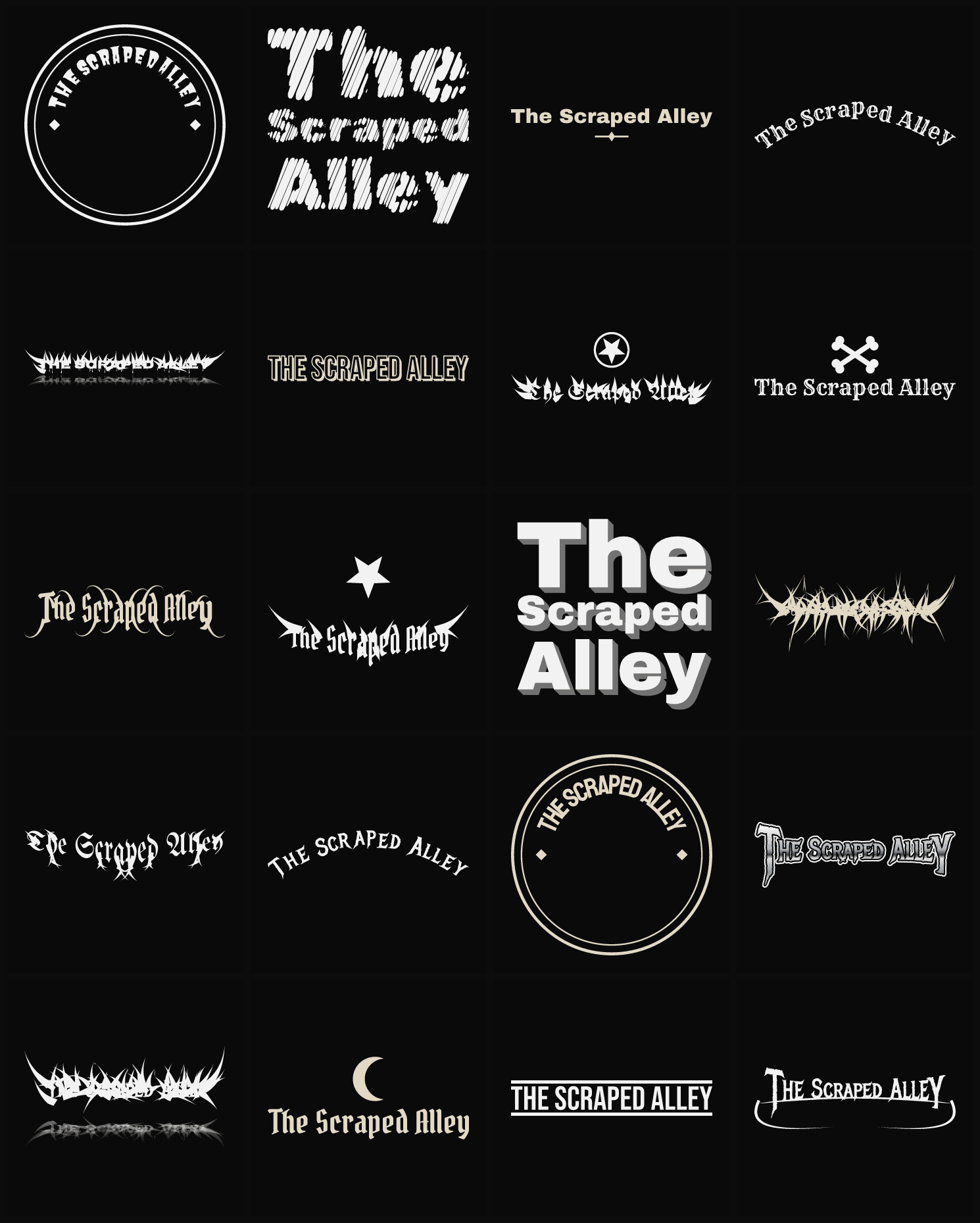 Twenty The Scraped Alley band logo ideas — different faces, treatments and spike settings