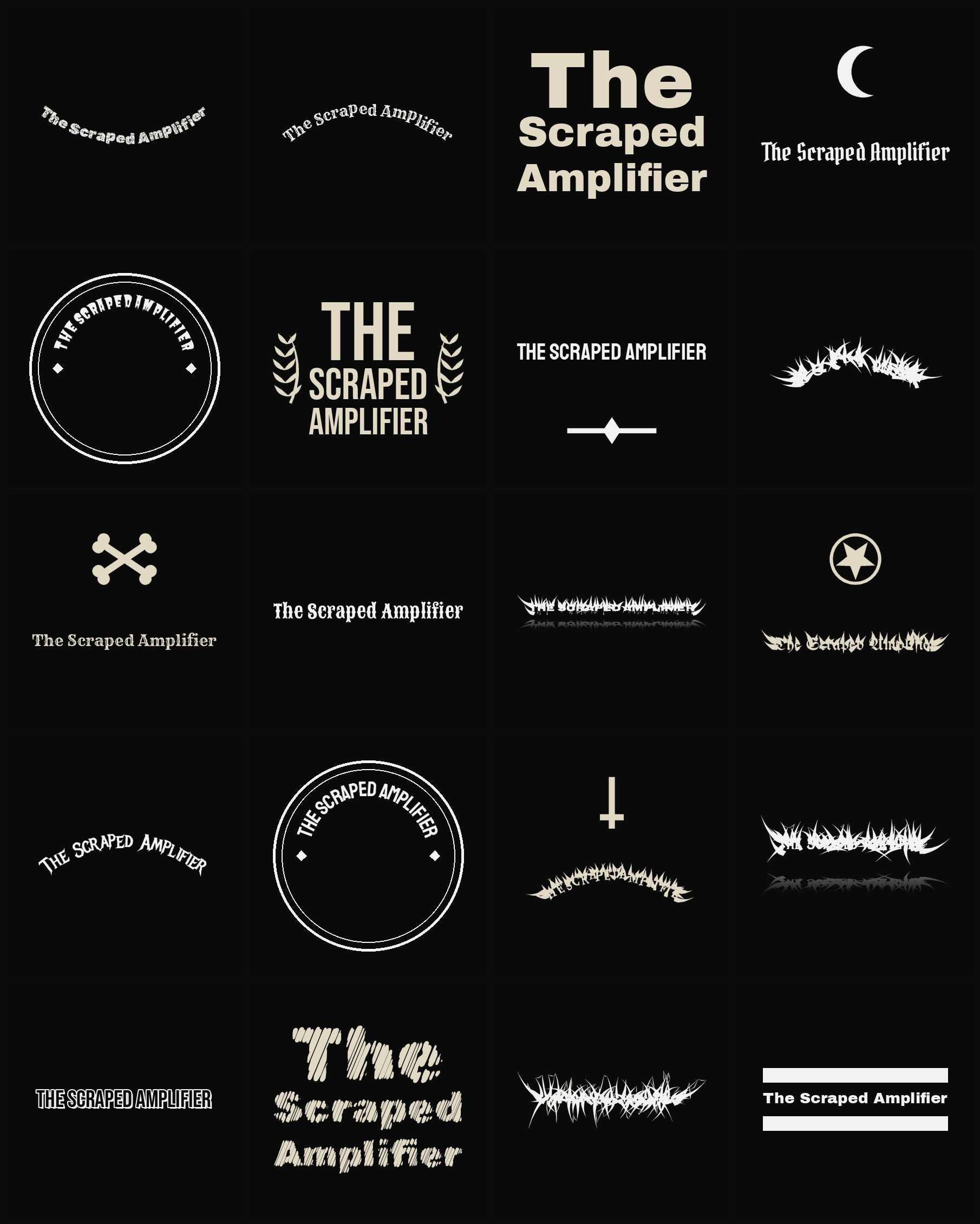 Twenty The Scraped Amplifier band logo ideas — different faces, treatments and spike settings