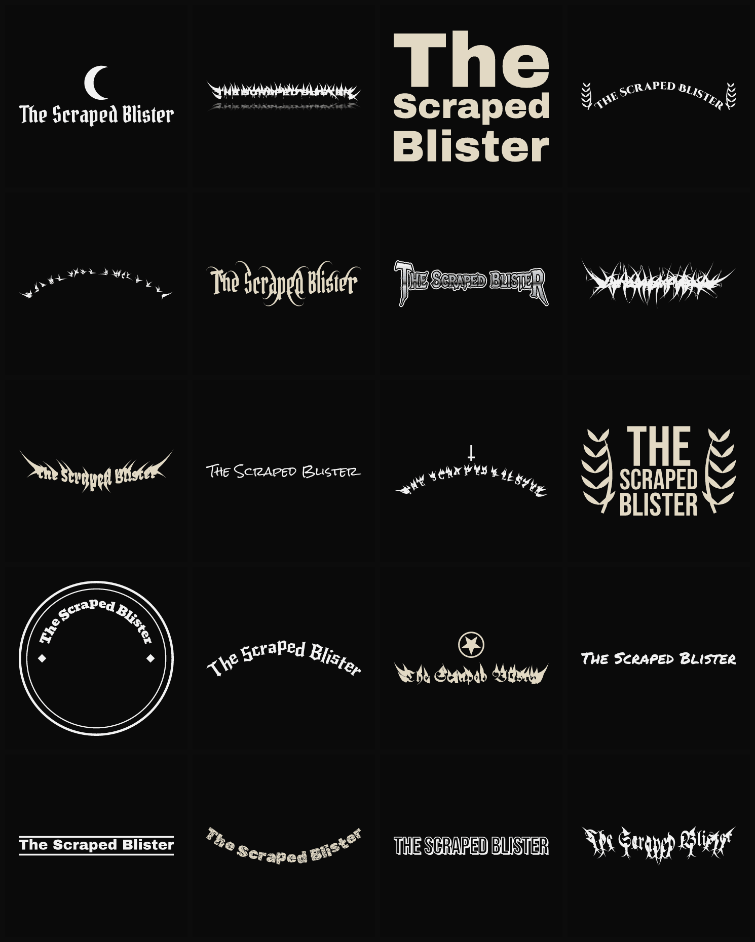 Twenty The Scraped Blister band logo ideas — different faces, treatments and spike settings