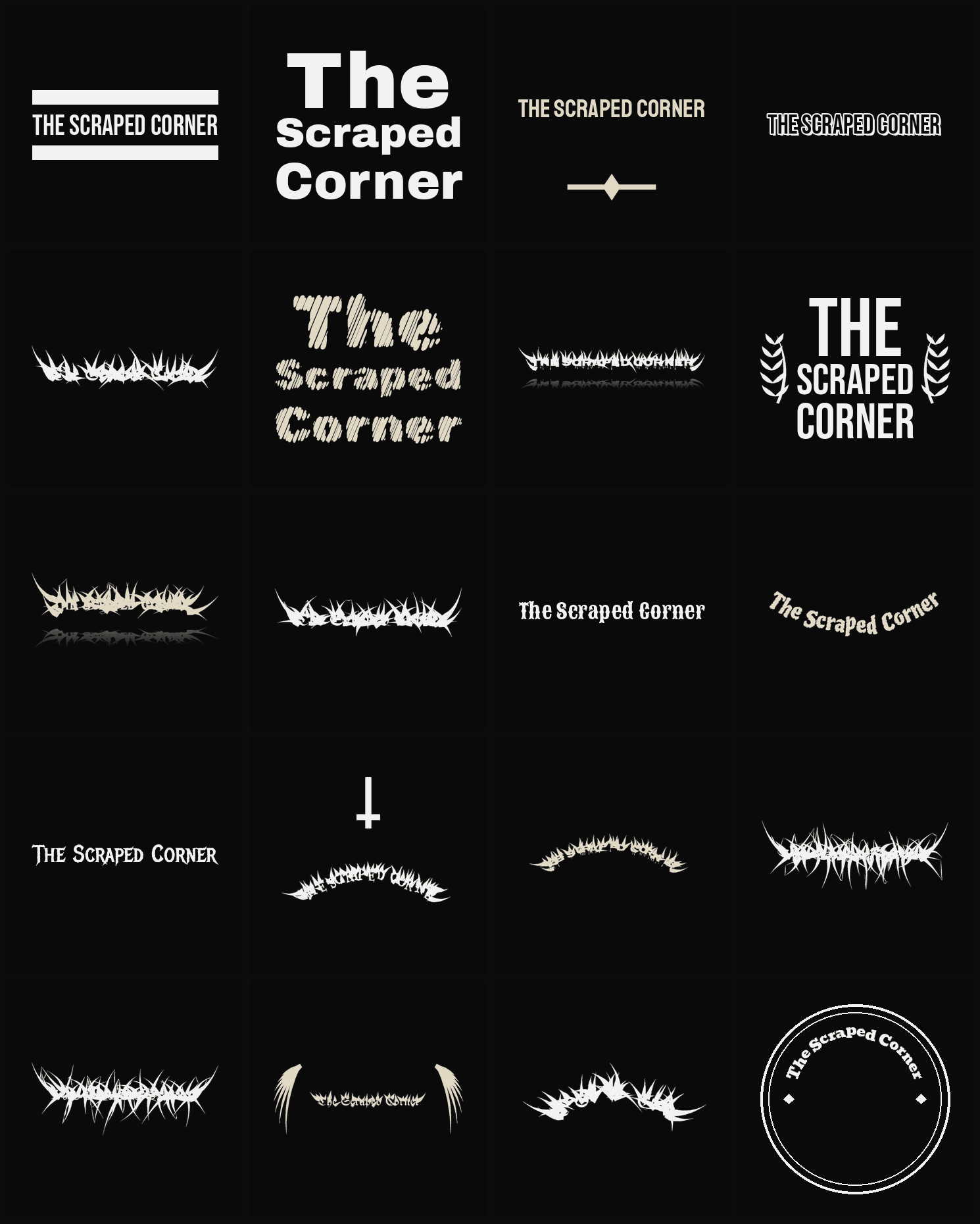 Twenty The Scraped Corner band logo ideas — different faces, treatments and spike settings