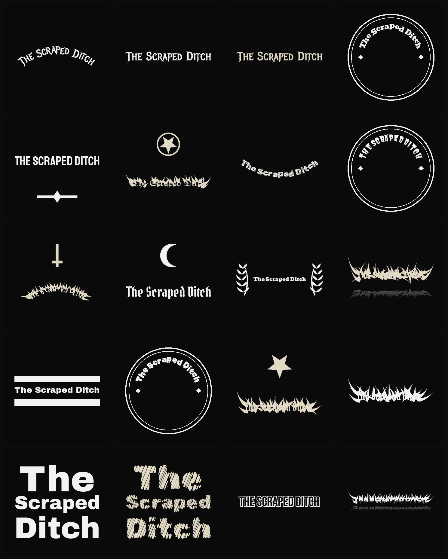 Twenty The Scraped Ditch band logo ideas — different faces, treatments and spike settings