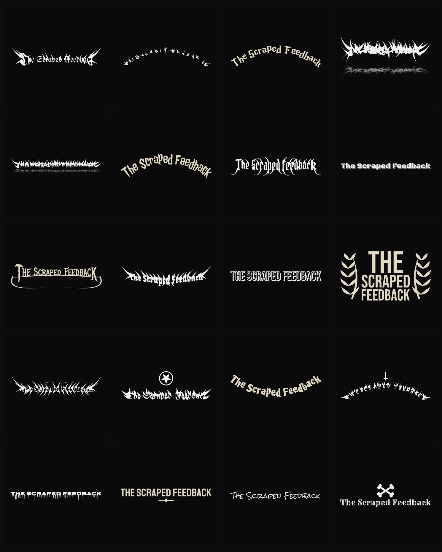 Twenty The Scraped Feedback band logo ideas — different faces, treatments and spike settings