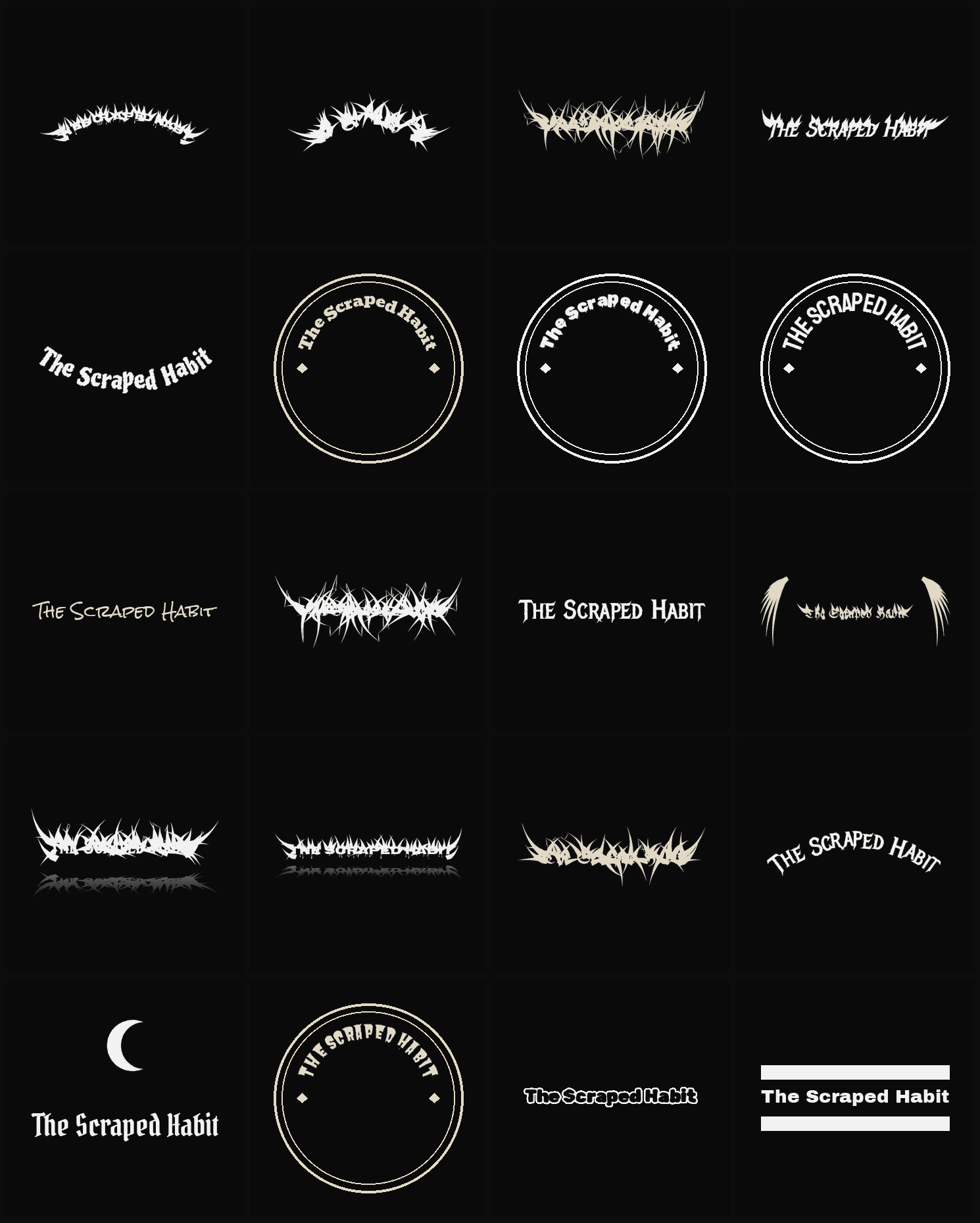 Twenty The Scraped Habit band logo ideas — different faces, treatments and spike settings