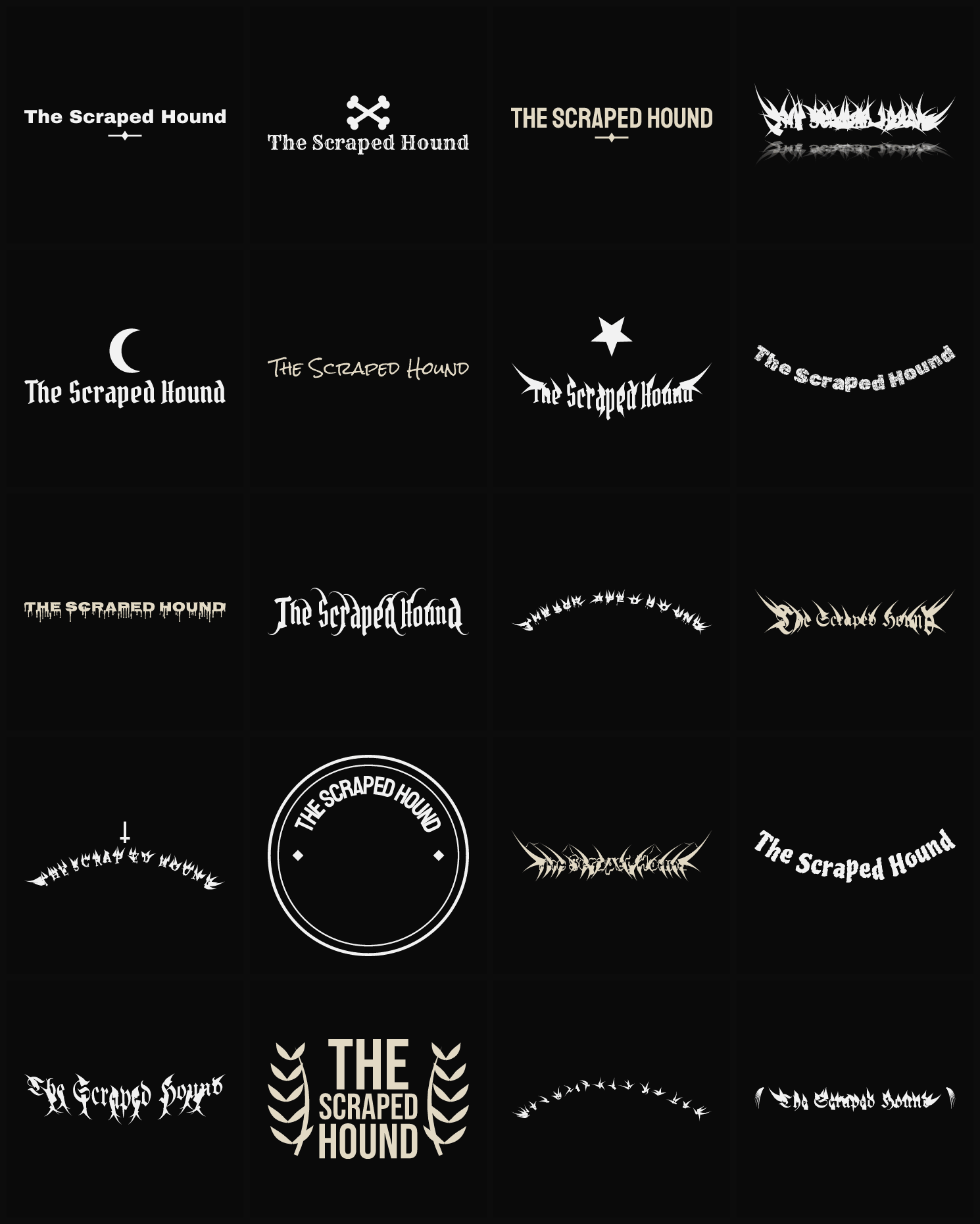Twenty The Scraped Hound band logo ideas — different faces, treatments and spike settings